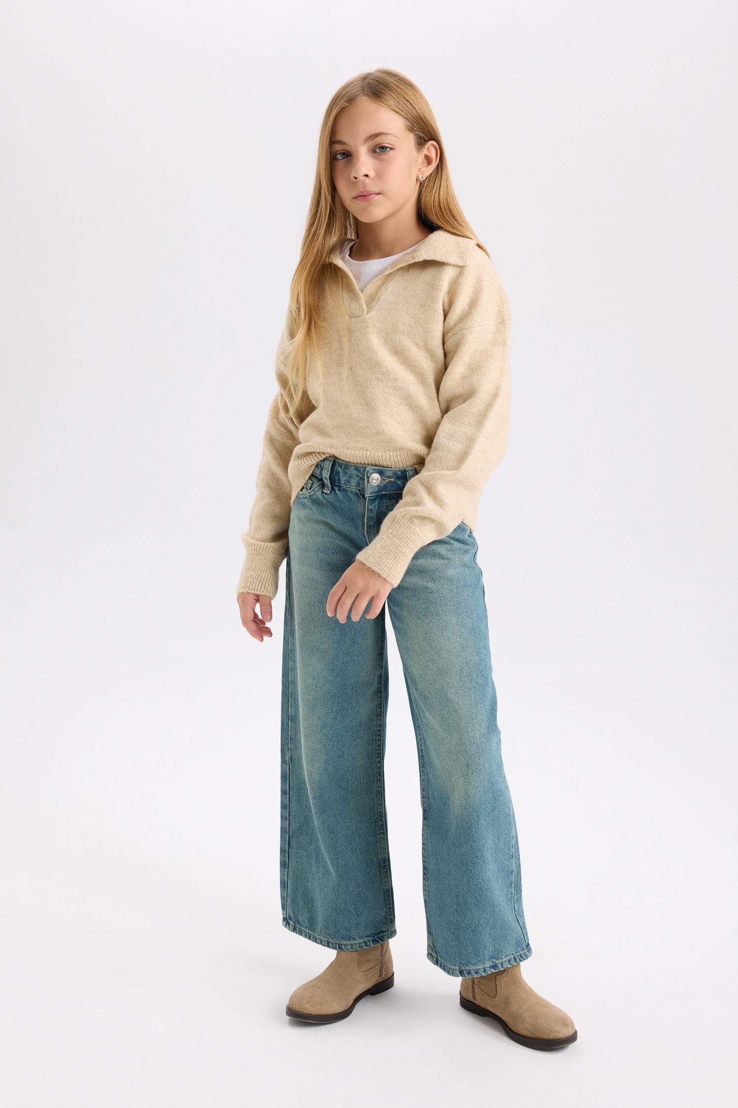 Kız Çocuk Polo Yaka Basic Düz Triko Kazak