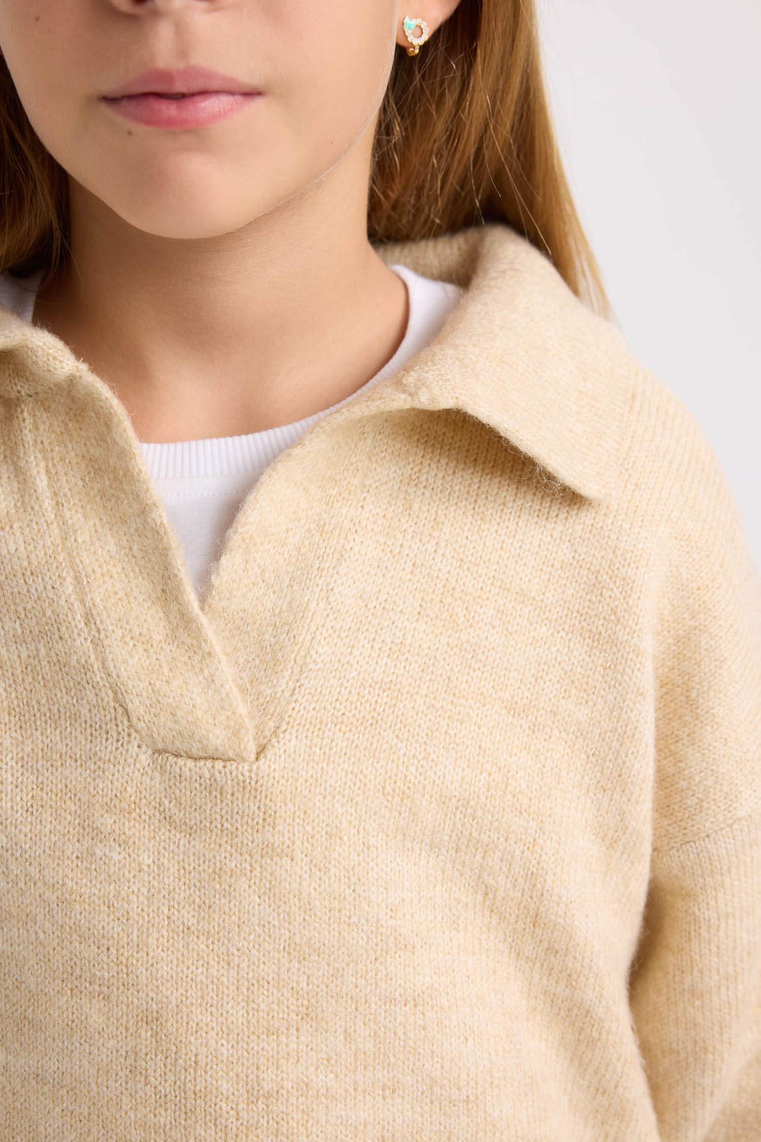 Kız Çocuk Polo Yaka Basic Düz Triko Kazak