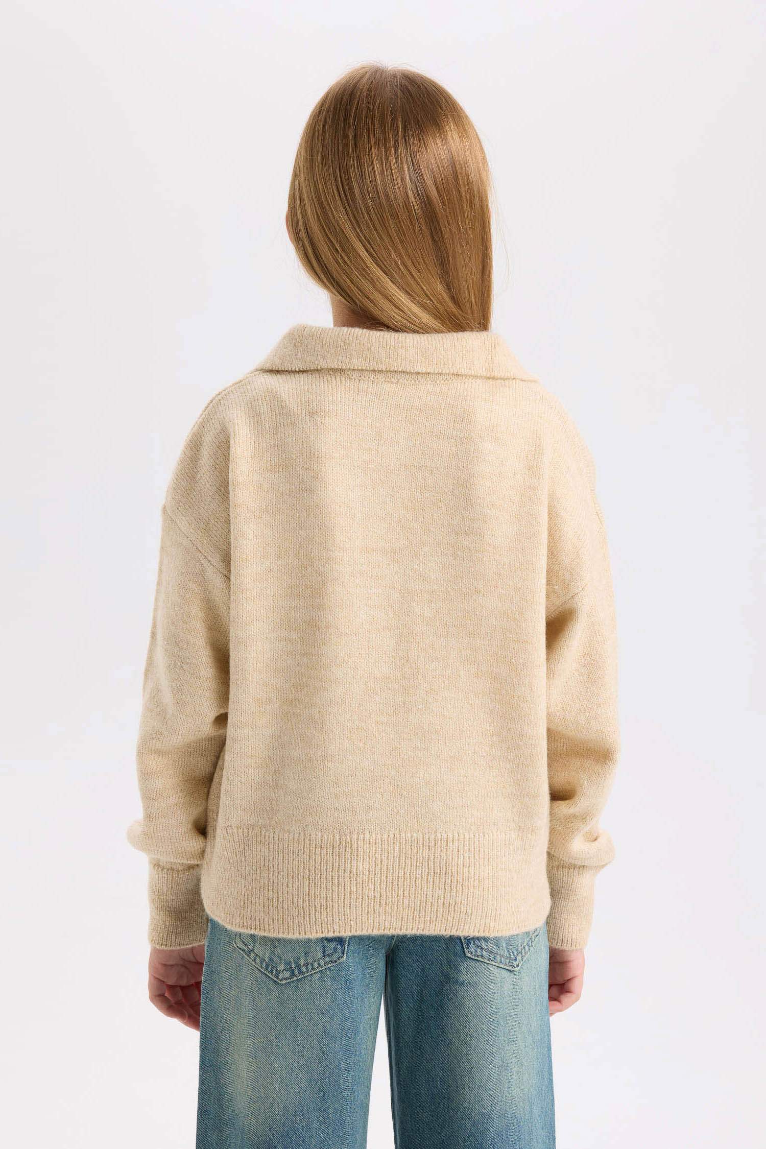 Kız Çocuk Polo Yaka Basic Düz Triko Kazak