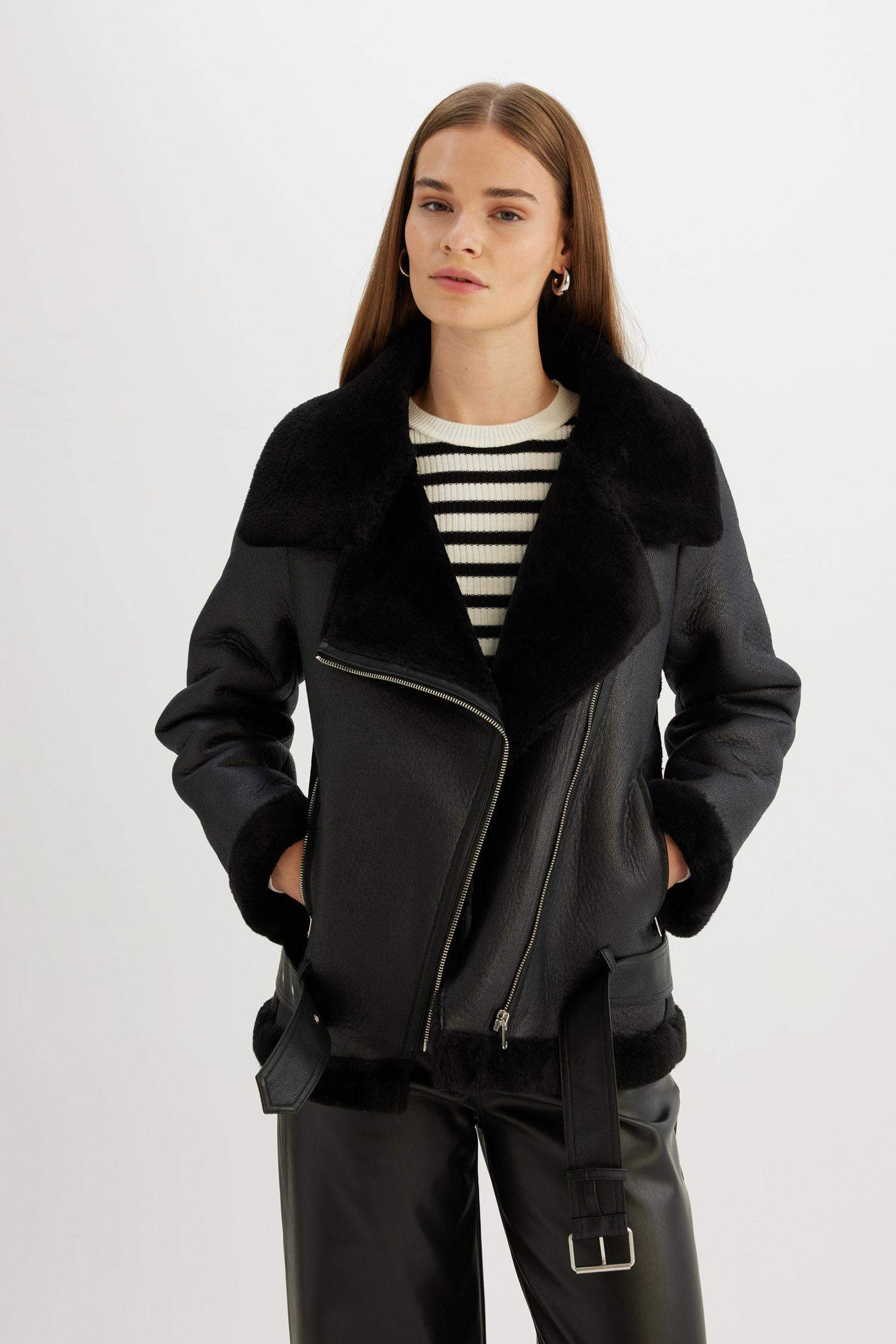 Kruvaze Yaka Pelüş Astarlı Mont Fermuarlı Cepli Kemerli Mevsimlik