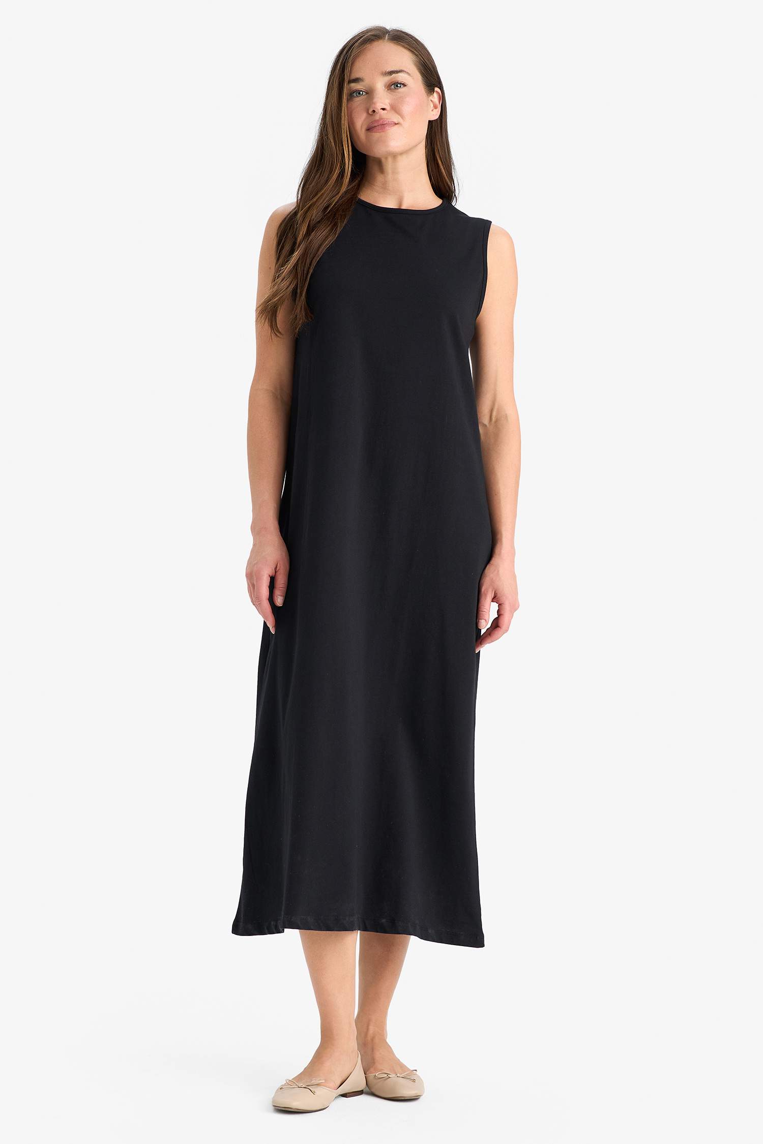 Regular Fit Bisiklet Yaka Basic Düz Penye Kolsuz Midi Elbise