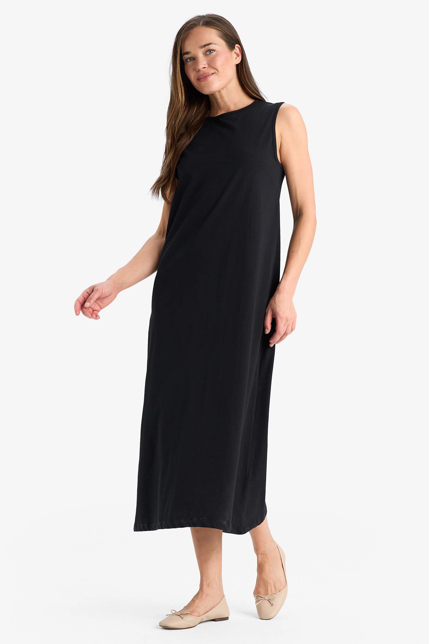 Regular Fit Bisiklet Yaka Basic Düz Penye Kolsuz Midi Elbise