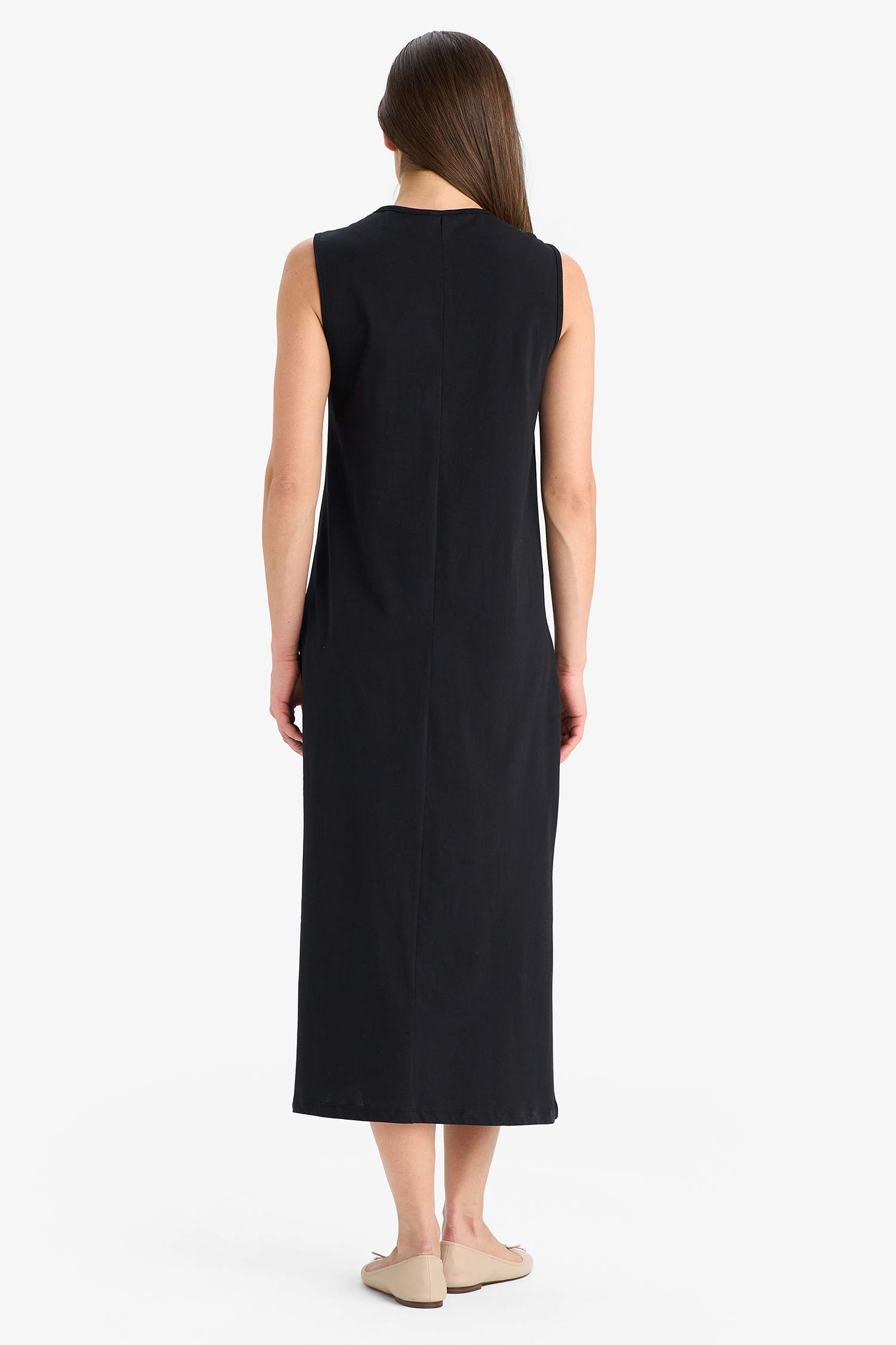 Regular Fit Bisiklet Yaka Basic Düz Penye Kolsuz Midi Elbise