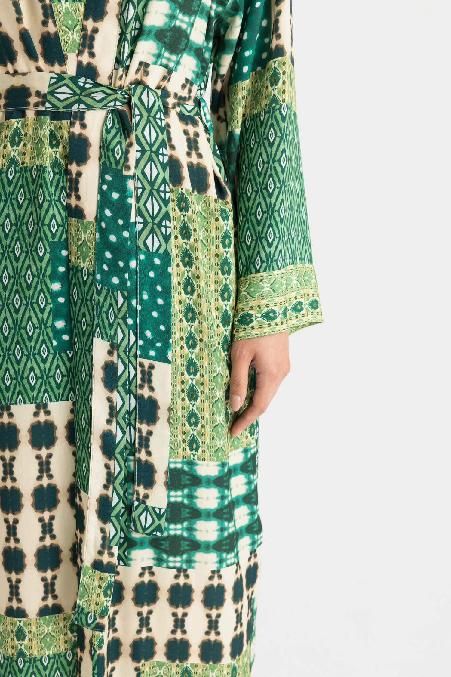 كيمونو ميدي مطبوع فيسكوز قصة مريحة برقبة قاضي