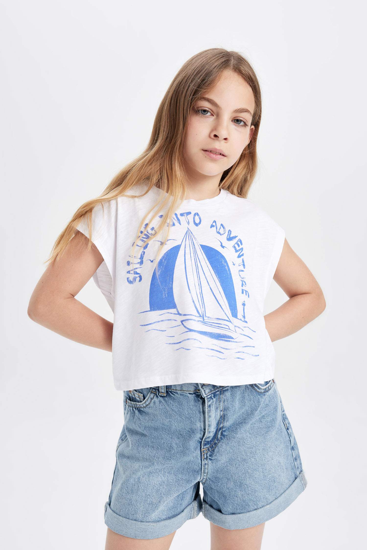 Girl Crew Neck Marine Printed Short Sleeve T-Shirt