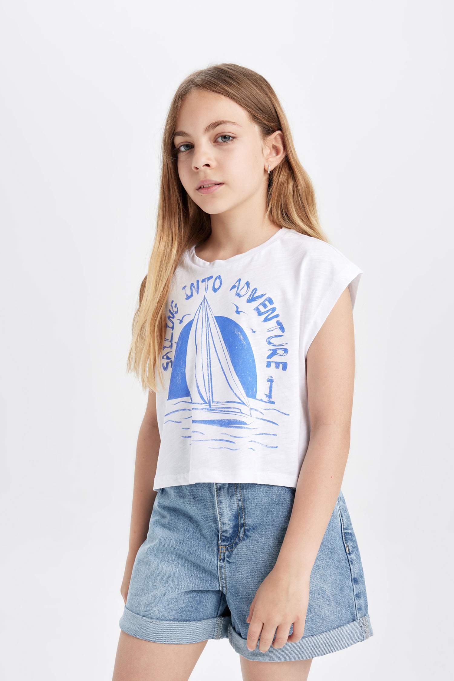 Girl Crew Neck Marine Printed Short Sleeve T-Shirt