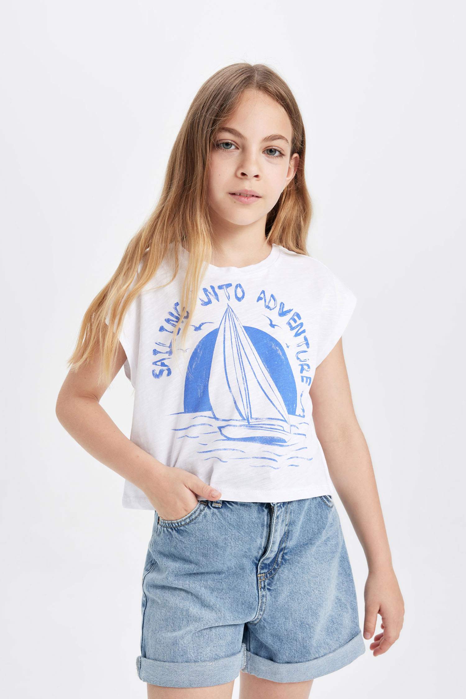 Girl Crew Neck Marine Printed Short Sleeve T-Shirt
