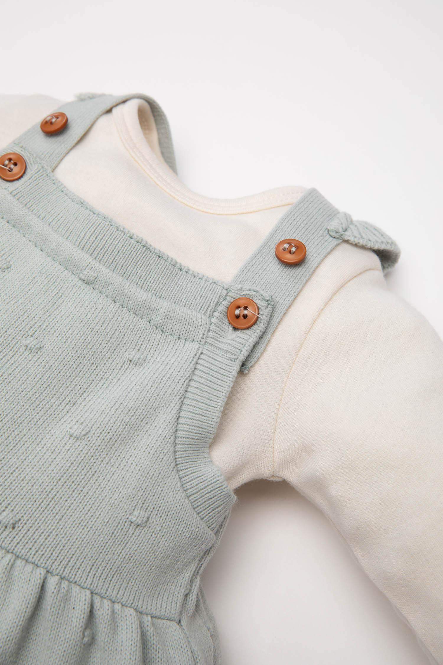 Kız Bebek 2'li Takım Yarım Balıkçı Yaka Uzun Kollu Tişört Salopet Elbise