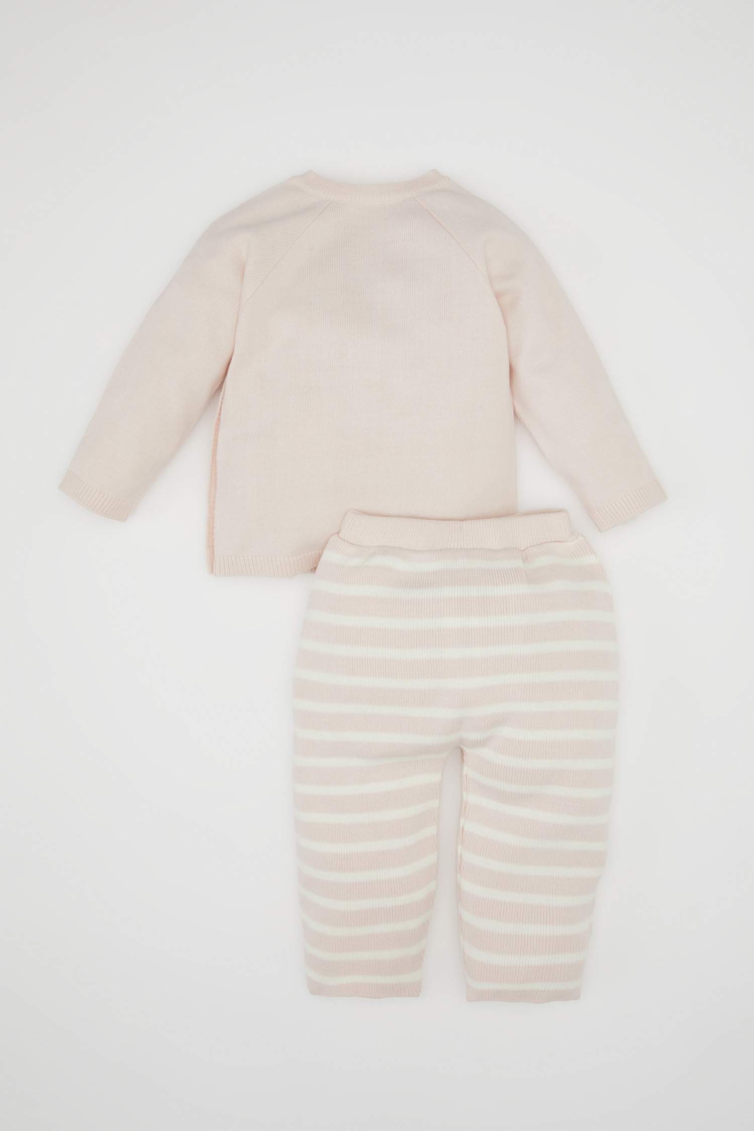 Kız Bebek 2'li Takım Kuzu Nakışlı Düğmeli Uzun Kollu Kazak Beli Lastikli Çizgili Triko Alt