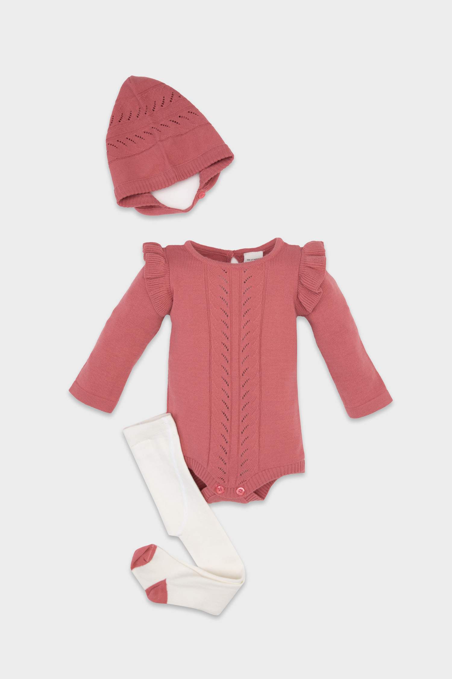 Kız Bebek Yenidoğan 3'lü Takım Uzun Kollu Çıtçıtlı Triko Body Bere Külotlu Çorap