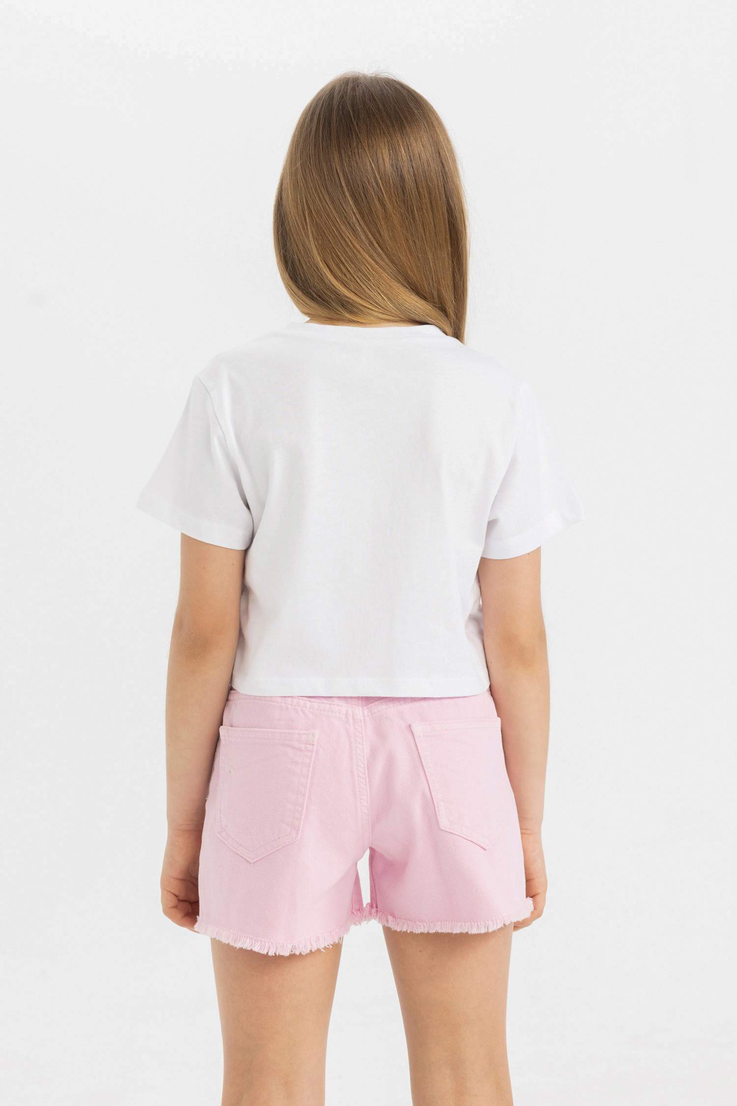 Kız Çocuk Relax Fit Bisiklet Yaka Basic Düz Kısa Kollu Tişört