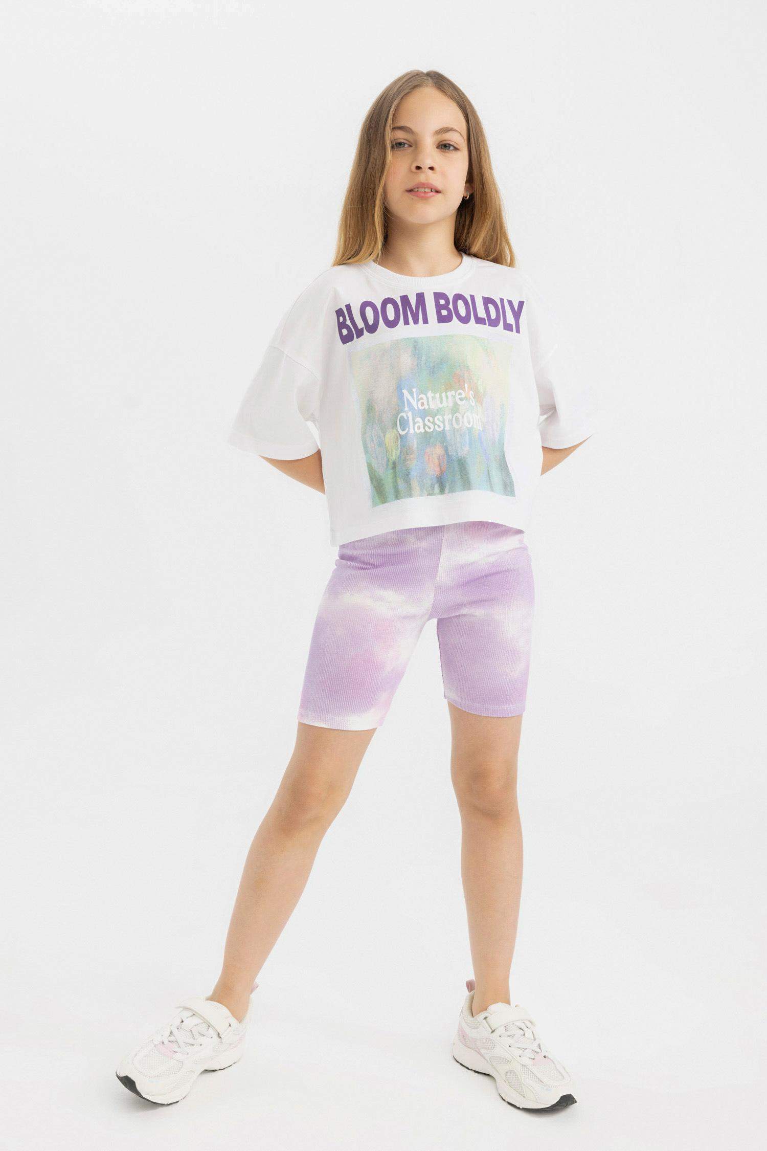 Girl Crew Neck Printed Short Sleeve Crop T-Shirt