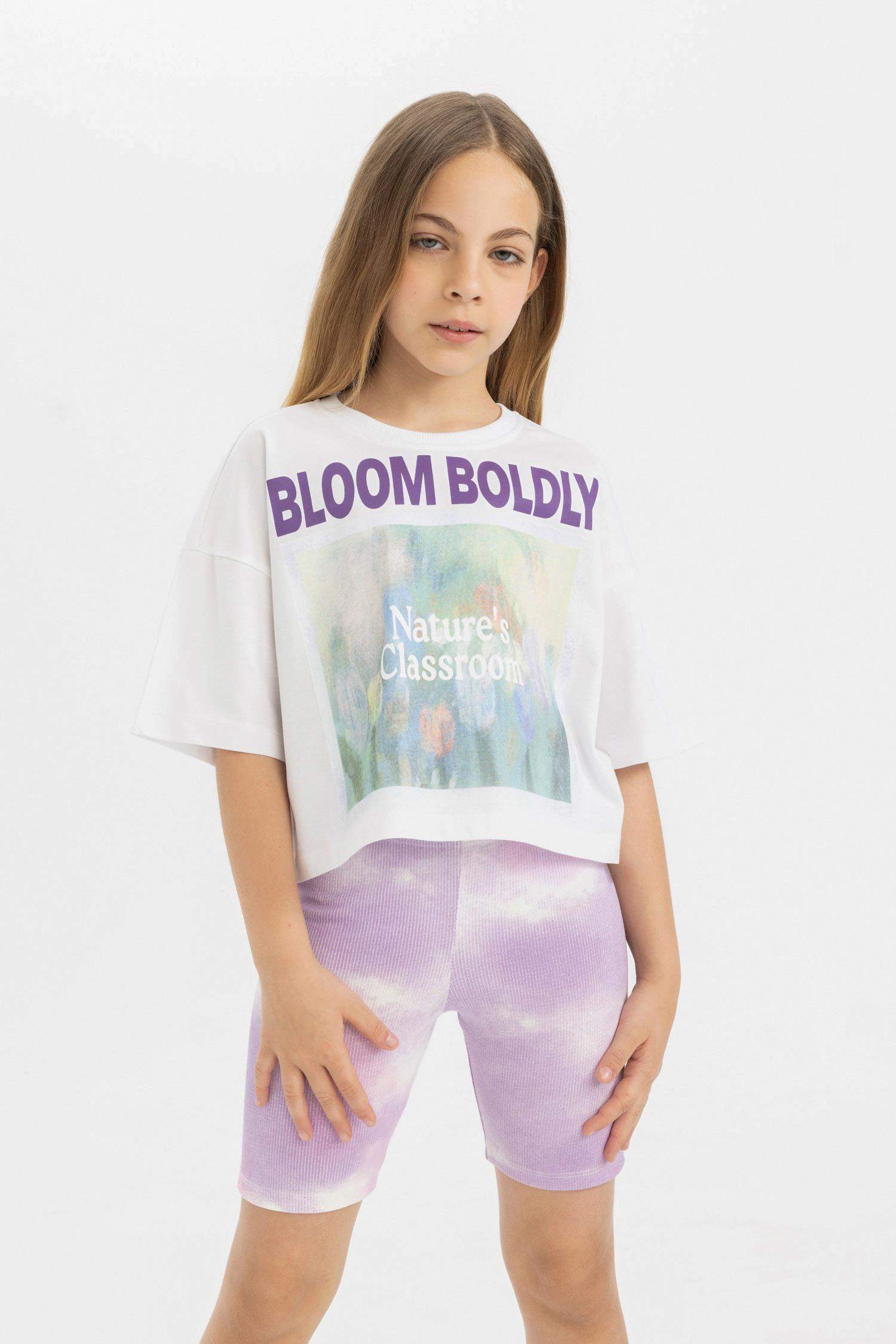 Girl Crew Neck Printed Short Sleeve Crop T-Shirt