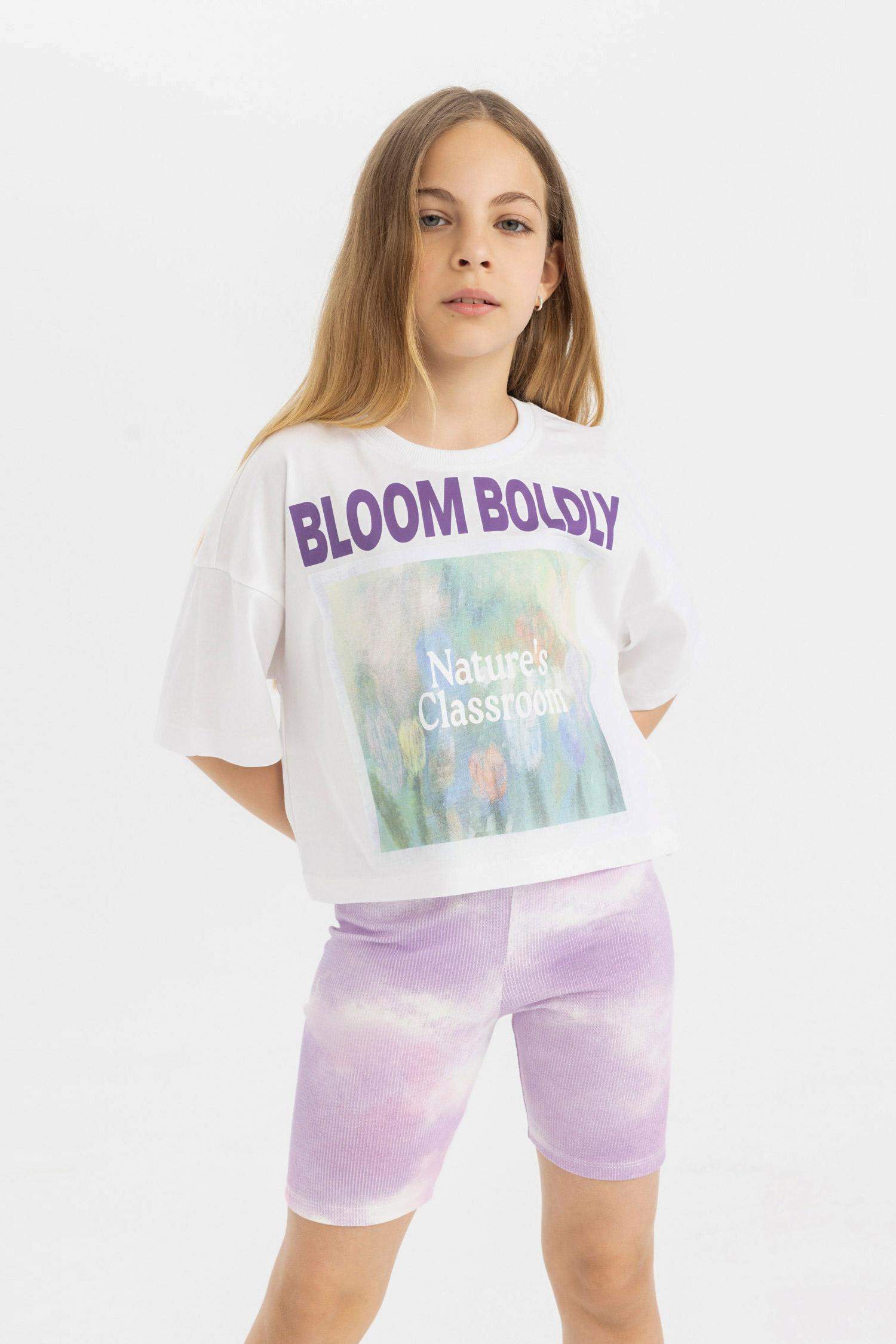 Girl Crew Neck Printed Short Sleeve Crop T-Shirt