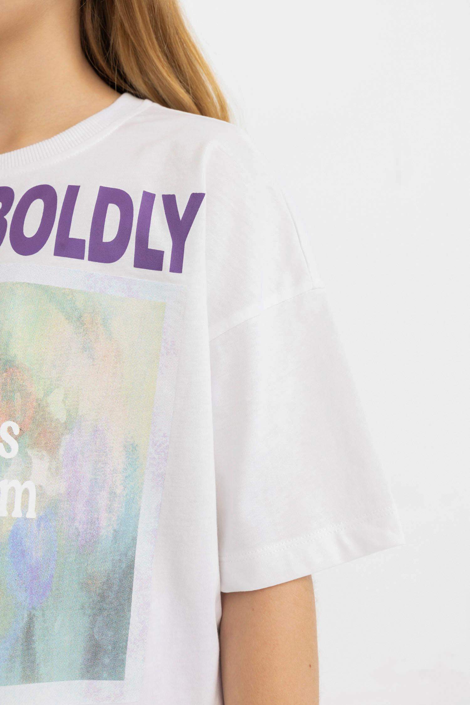 Girl Crew Neck Printed Short Sleeve Crop T-Shirt