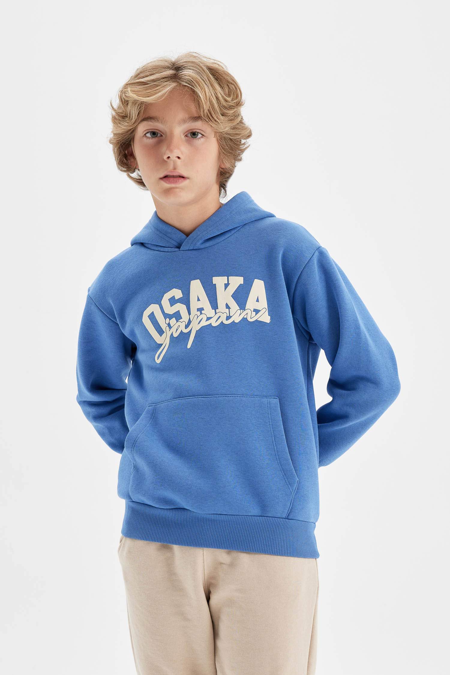 Erkek Çocuk Mavi Baskılı Kapüşonlu Cepli Sweatshirt