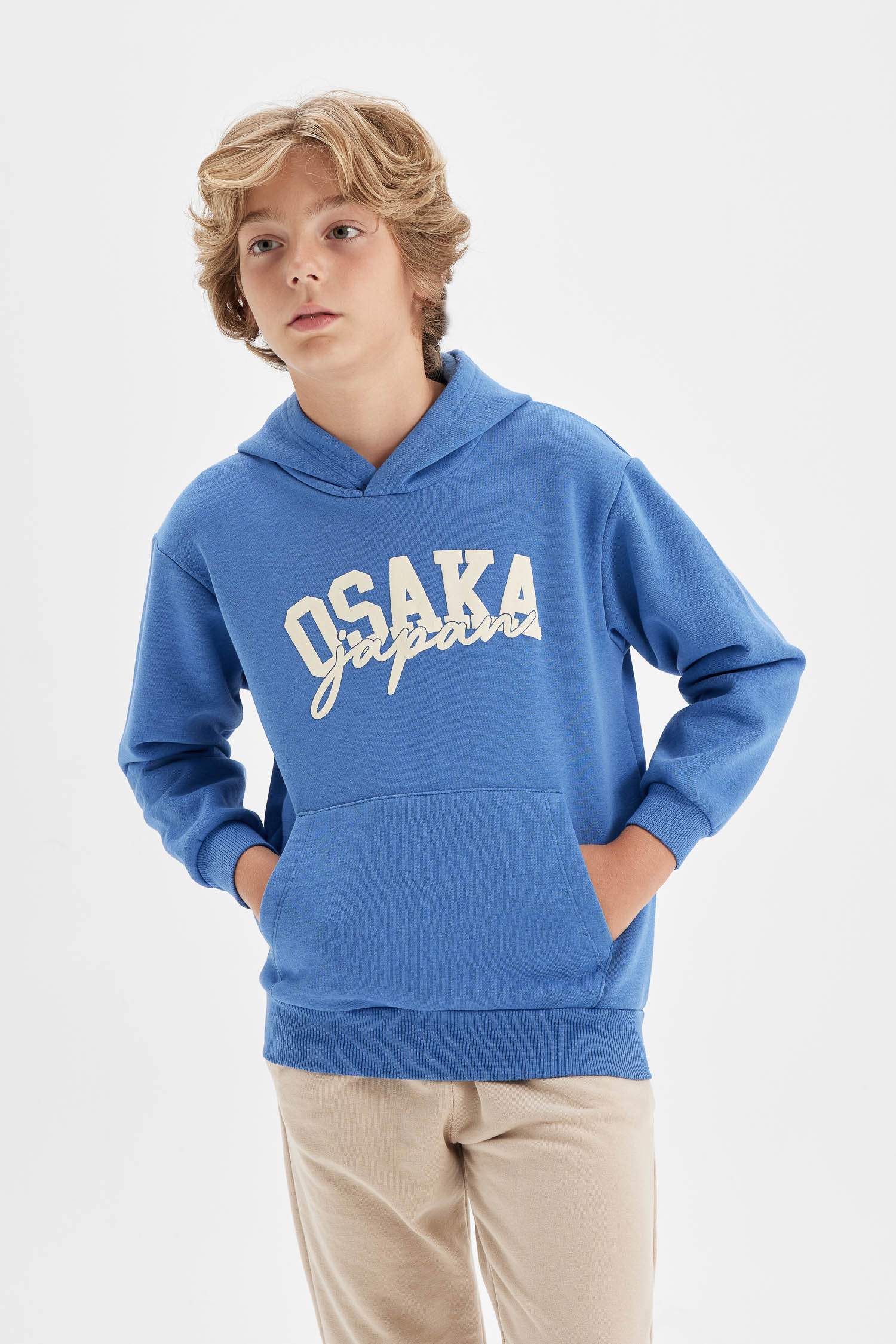 Erkek Çocuk Mavi Baskılı Kapüşonlu Cepli Sweatshirt