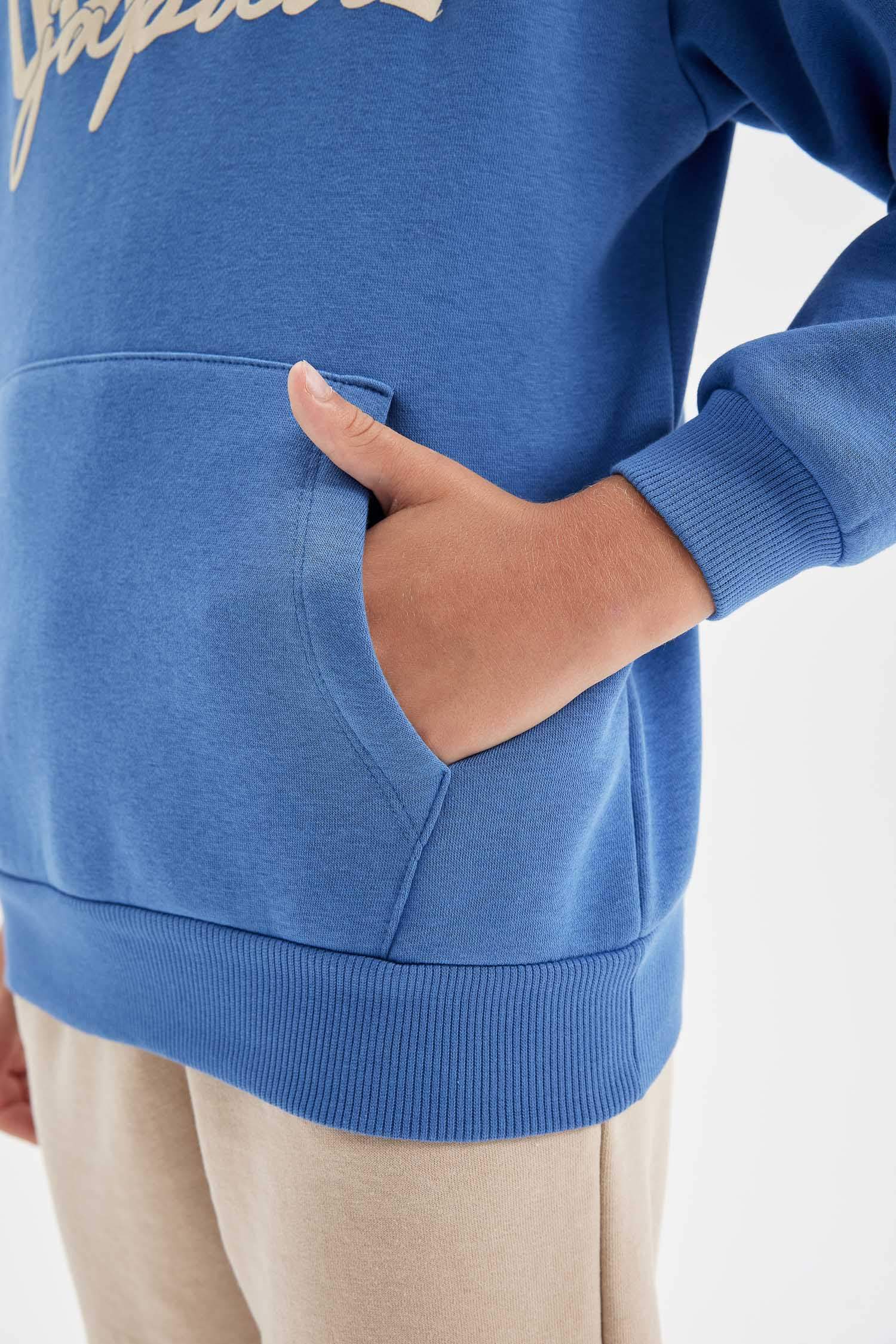 Erkek Çocuk Mavi Baskılı Kapüşonlu Cepli Sweatshirt