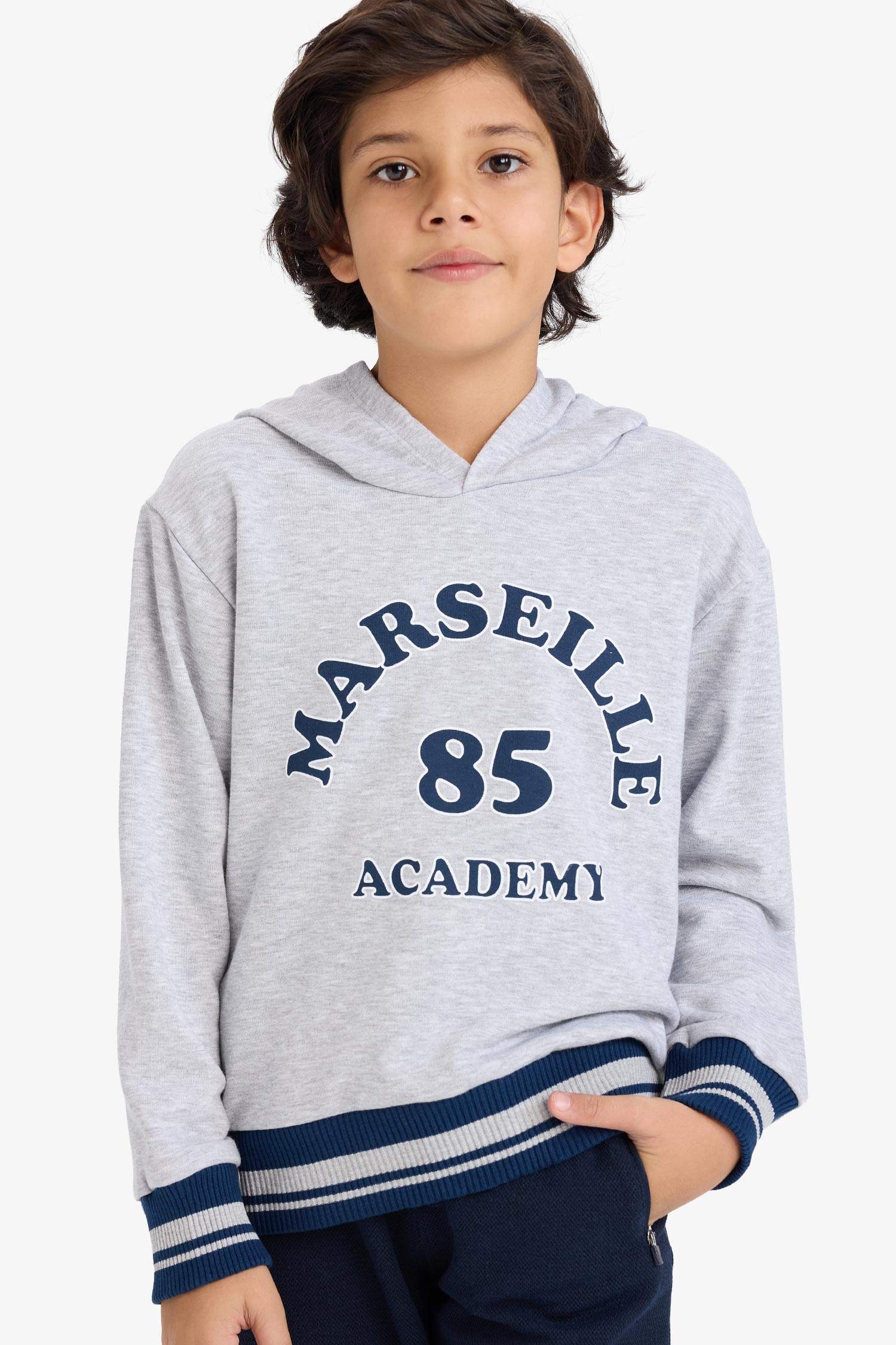 Erkek Çocuk Gri Baskılı Kapüşonlu Sweatshirt