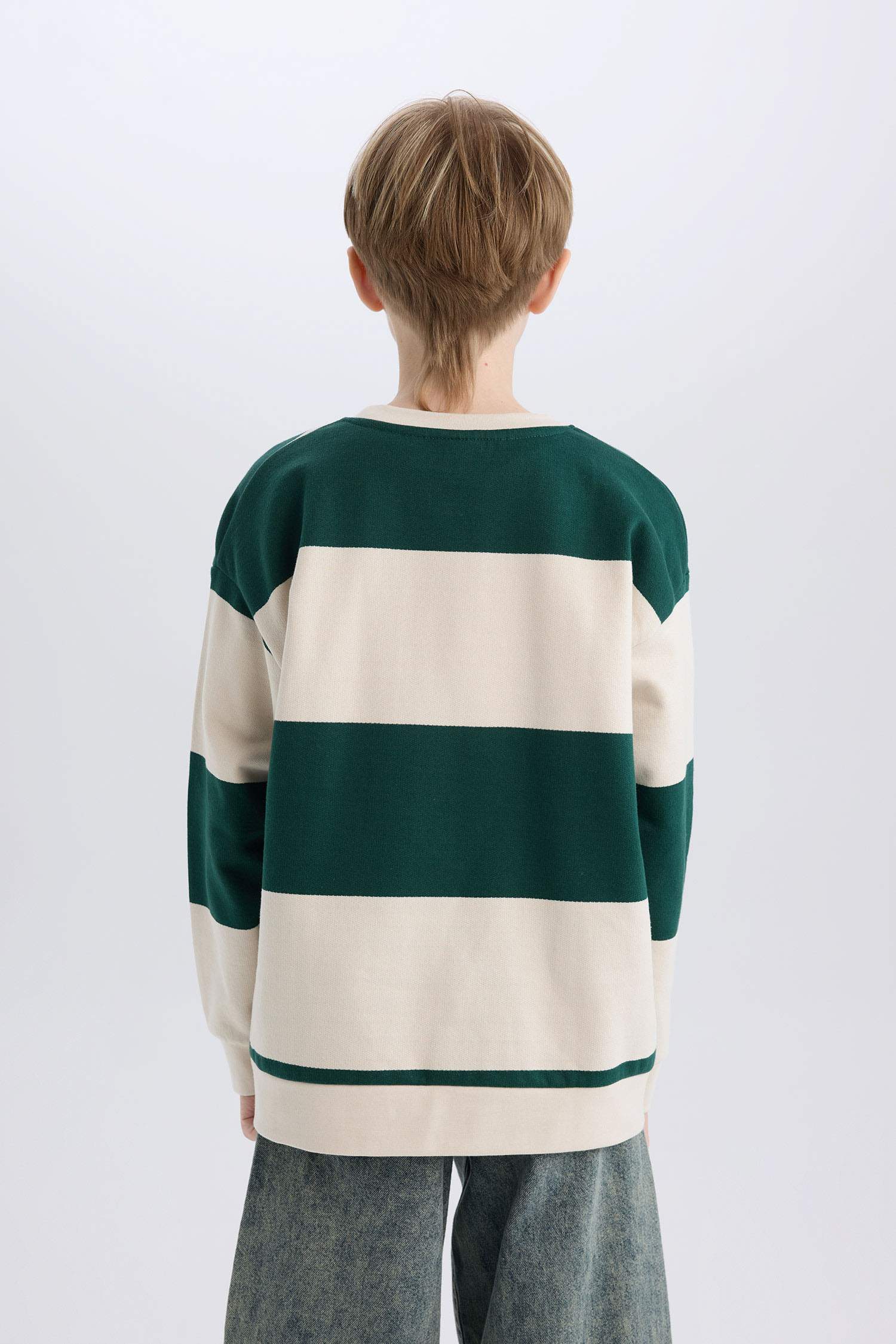 Erkek Çocuk Oversize Geniş Kalıp Bisiklet Yaka Çizgili Baskılı Sweatshirt