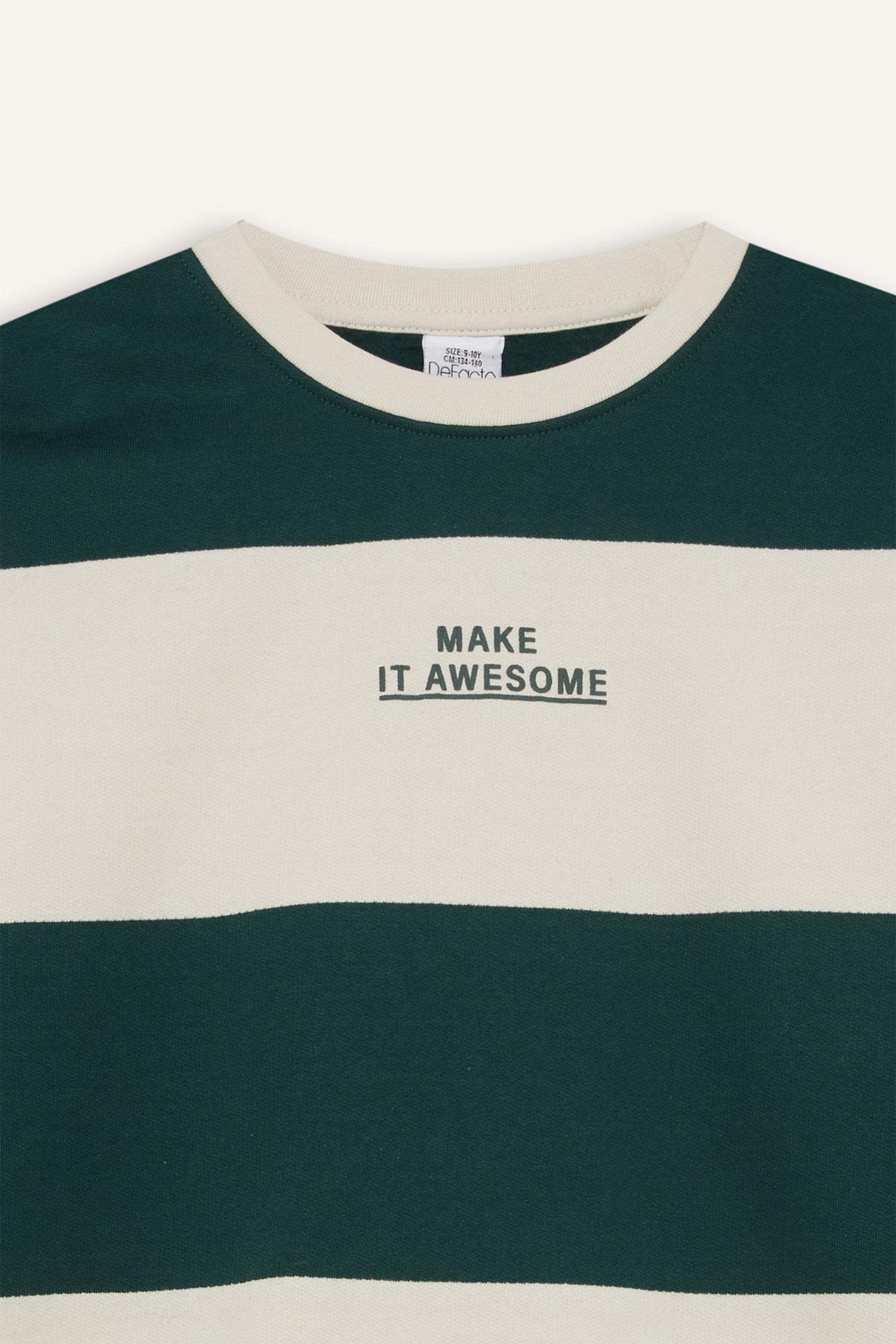 Erkek Çocuk Oversize Geniş Kalıp Bisiklet Yaka Çizgili Baskılı Sweatshirt