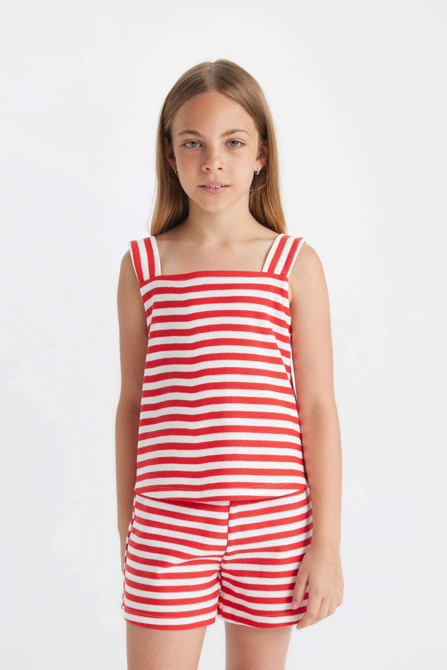 بلوزة بناتي مخطط قصة مريحة بحمالات وفيونكة من الخلف