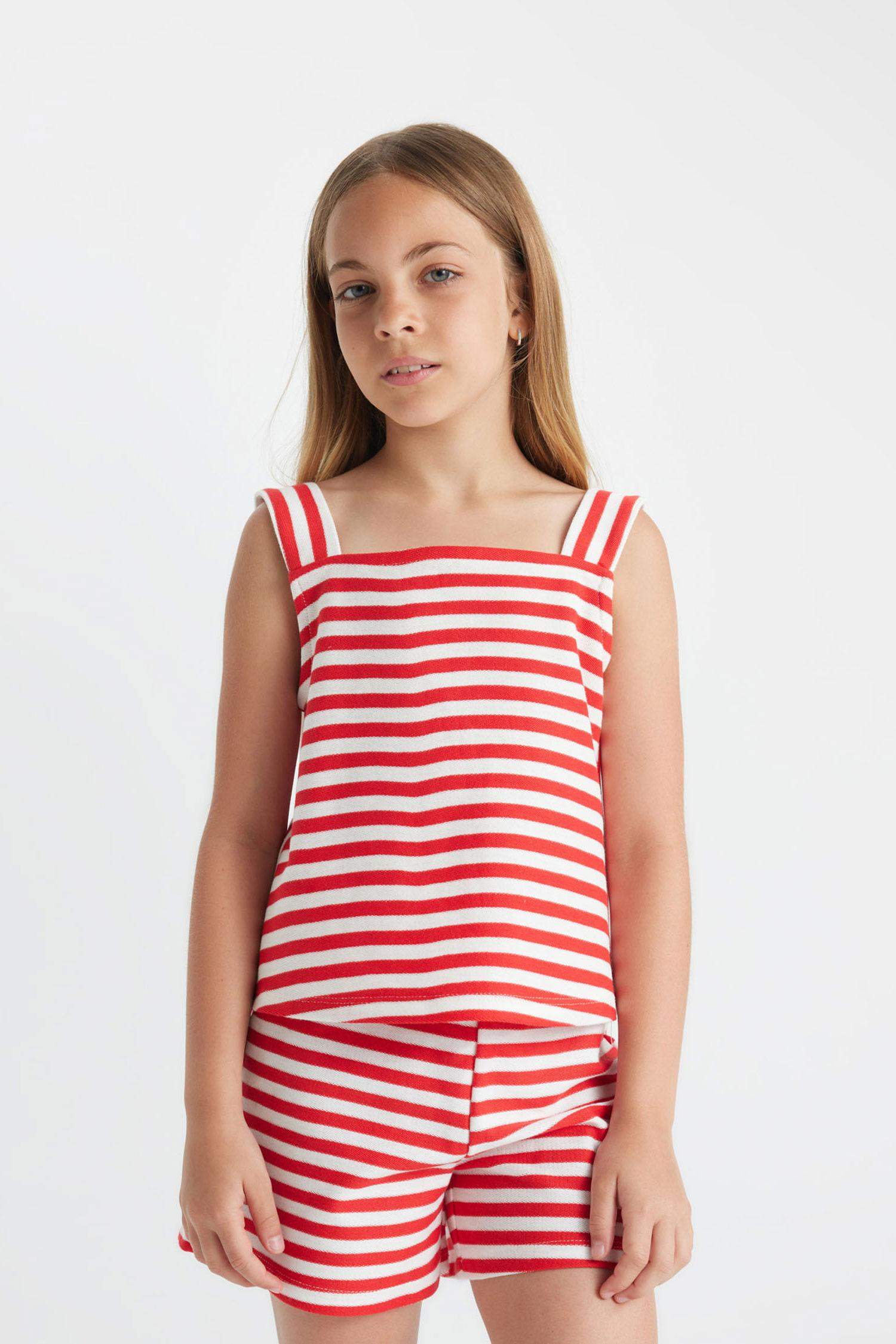 بلوزة بناتي مخطط قصة مريحة بحمالات وفيونكة من الخلف