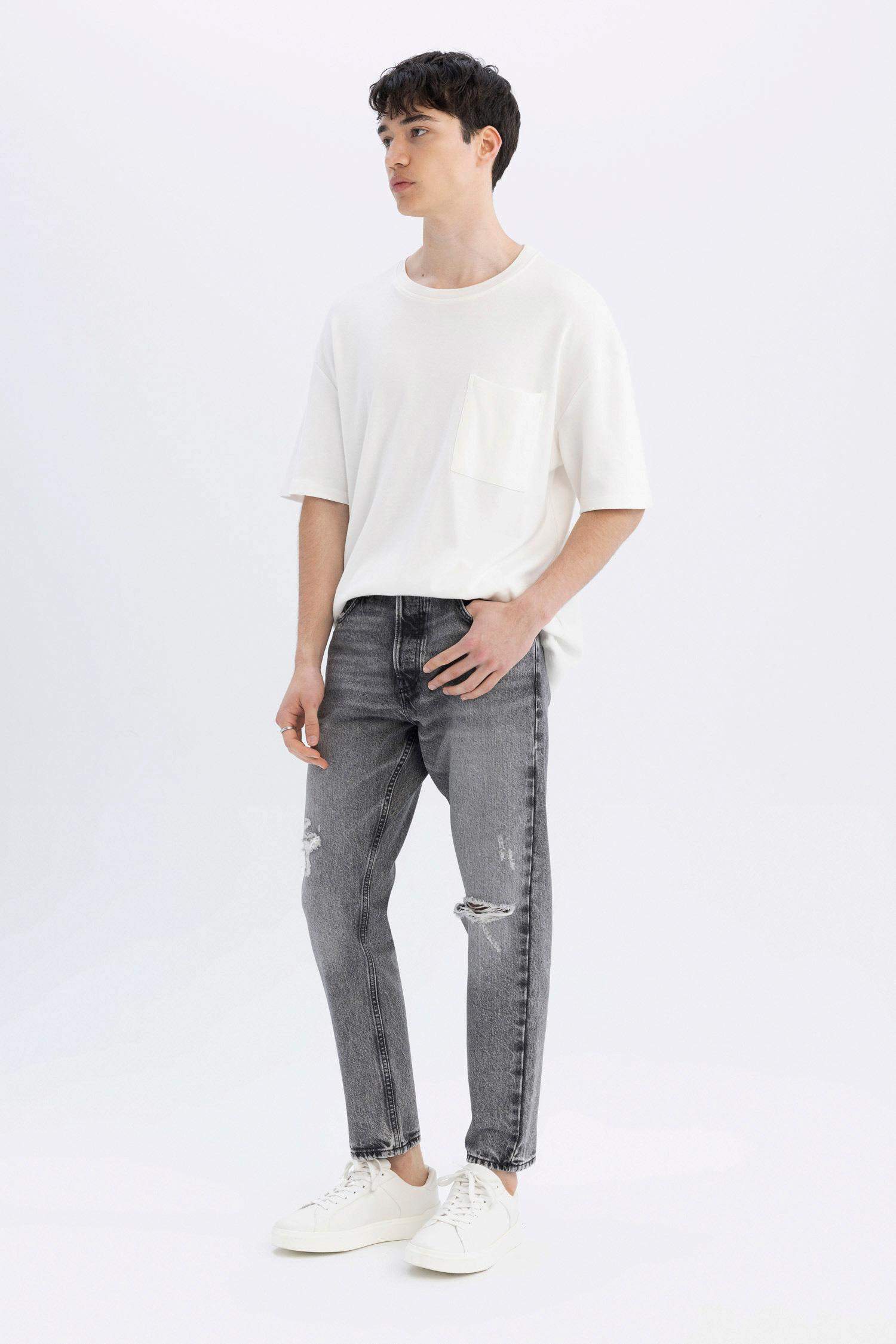 %100 Pamuk 90's Slim Fit Dar Kalıp Yüksek Bel Dar Paça Yırtık Detaylı Jean Pantolon