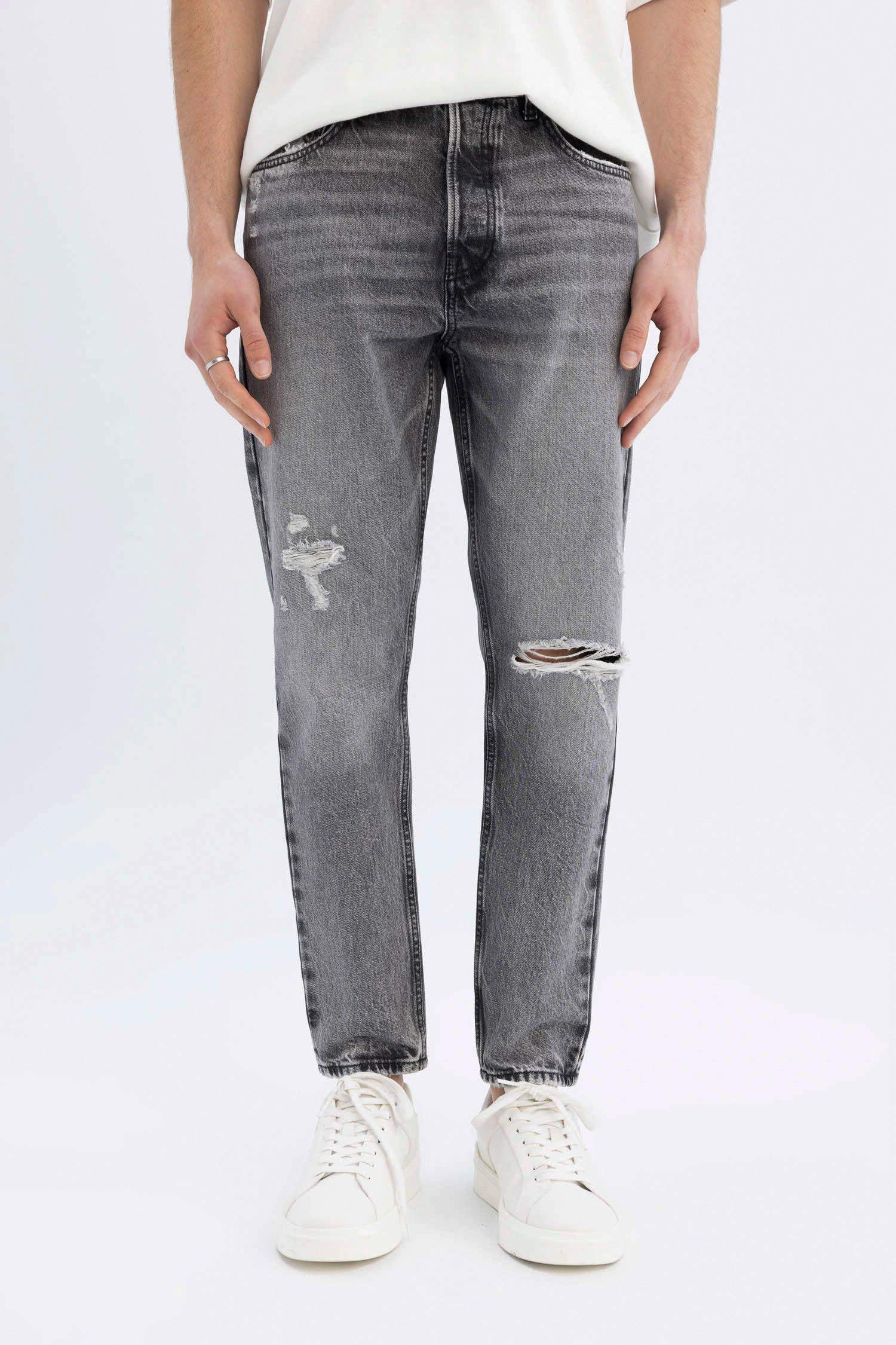 %100 Pamuk 90's Slim Fit Dar Kalıp Yüksek Bel Dar Paça Yırtık Detaylı Jean Pantolon