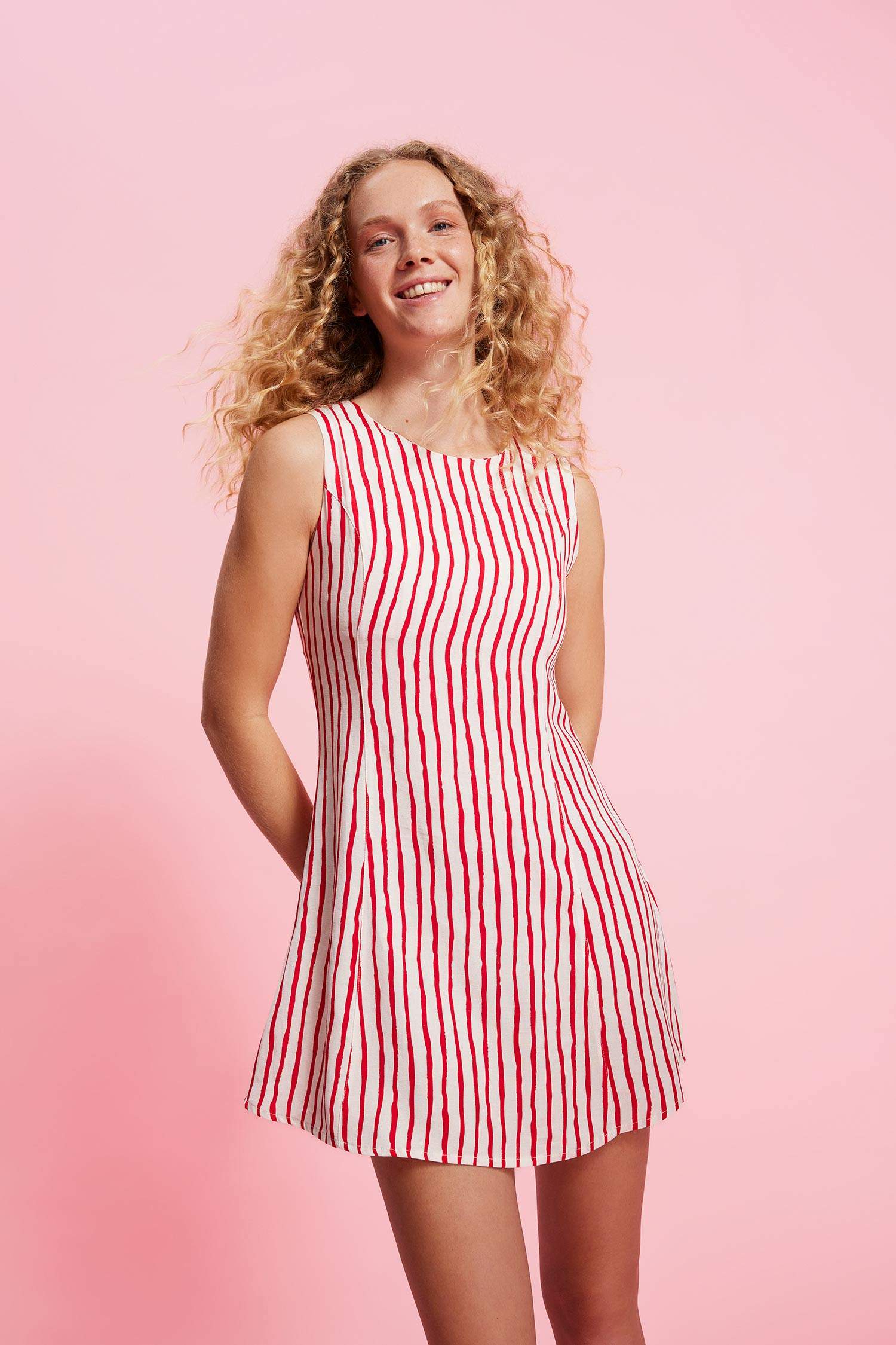 Crew Neck Striped Linen Sleeveless Mini Dress