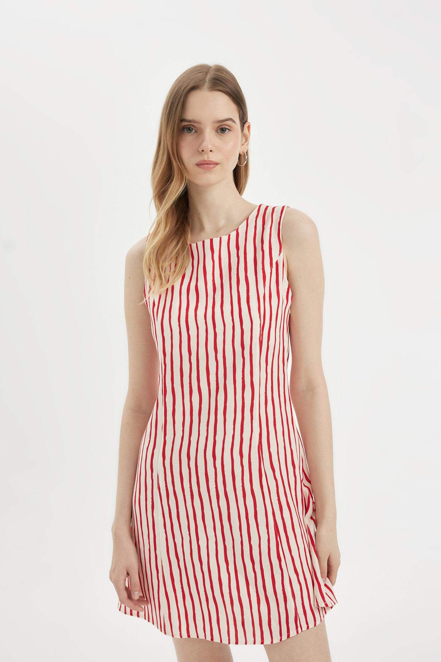 Crew Neck Striped Linen Sleeveless Mini Dress