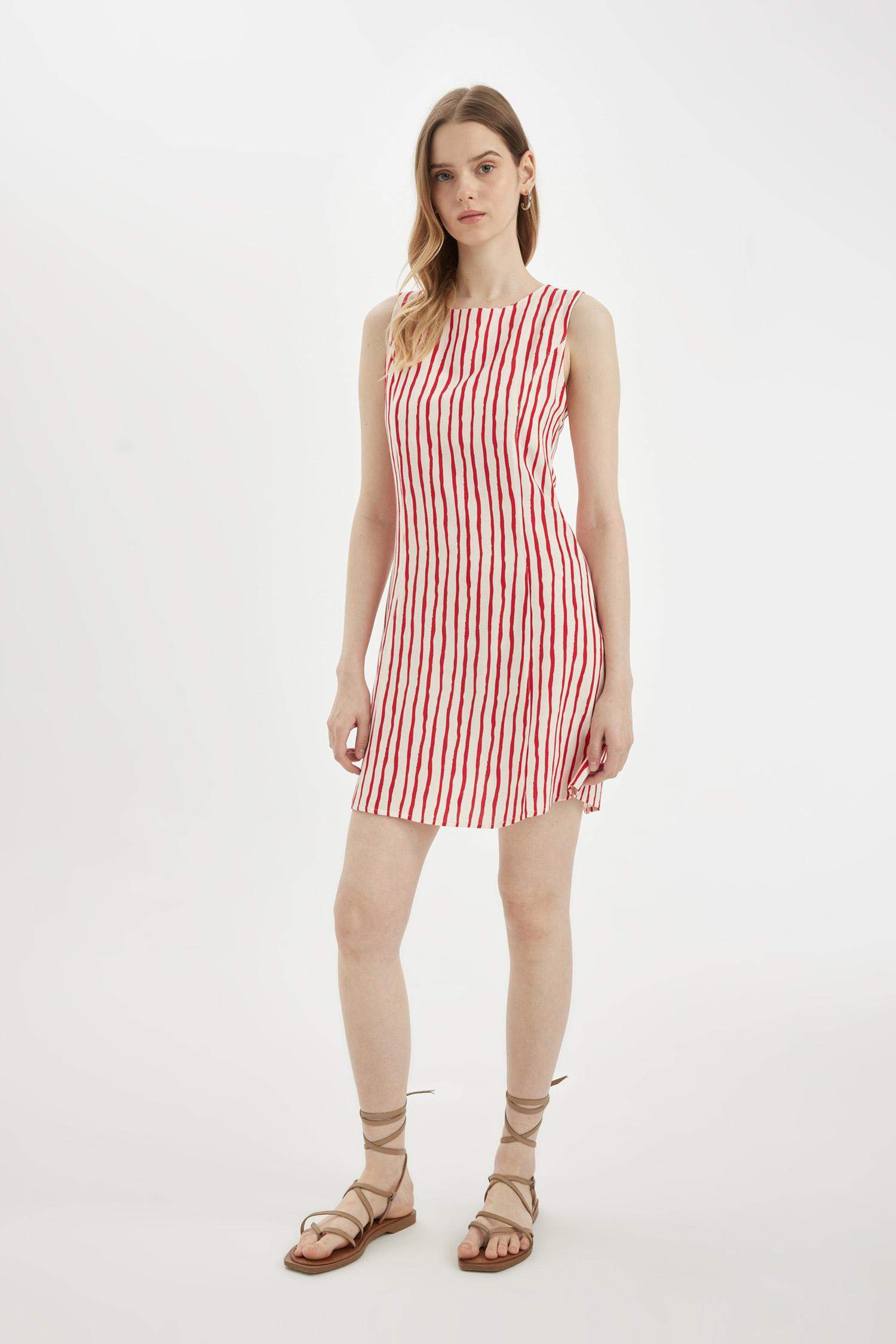 Crew Neck Striped Linen Sleeveless Mini Dress
