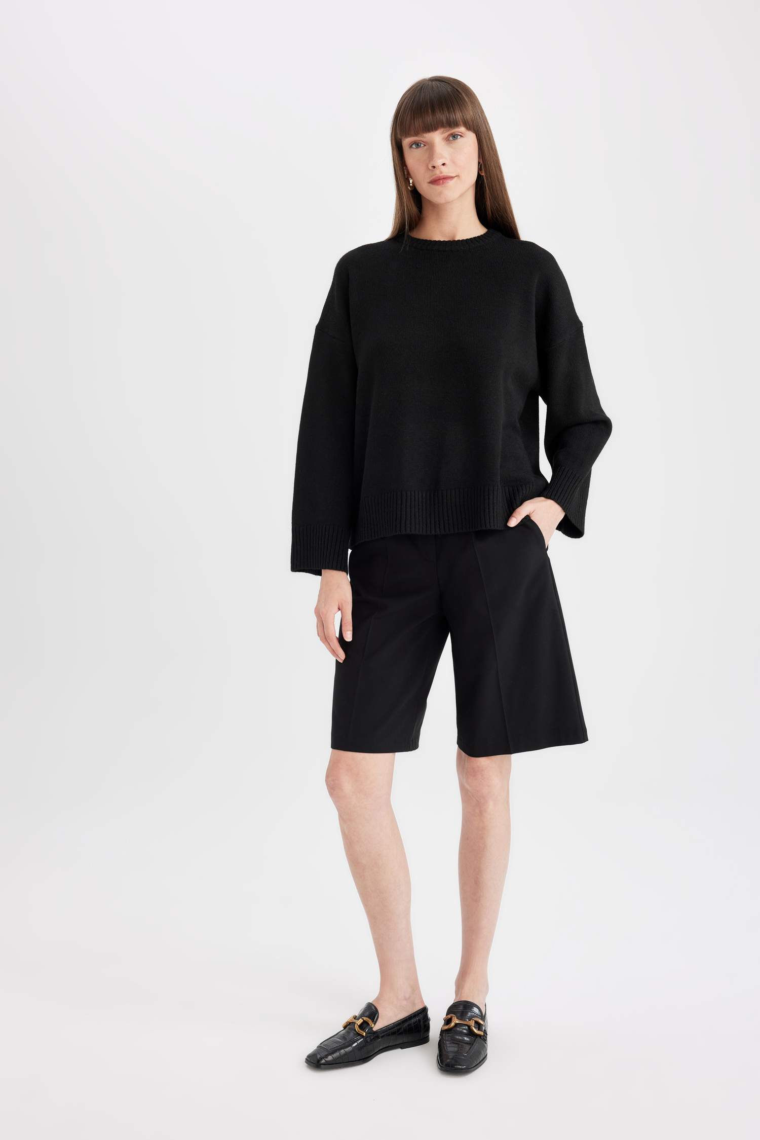 Oversize Geniş Kalıp Bisiklet Yaka Basic Düz Triko Kazak