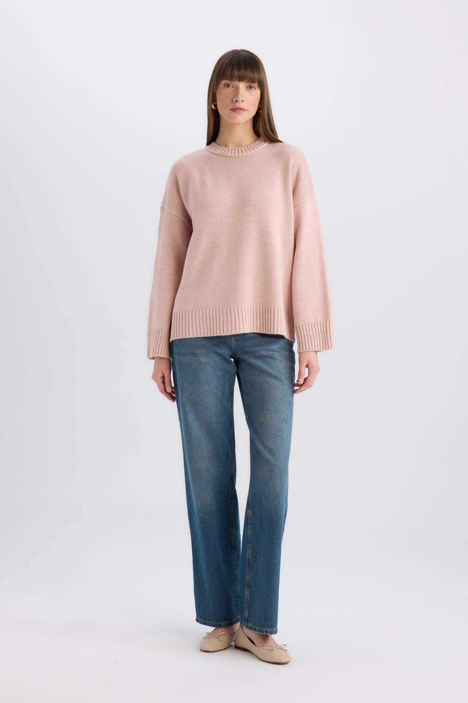 Oversize Geniş Kalıp Bisiklet Yaka Basic Düz Triko Kazak