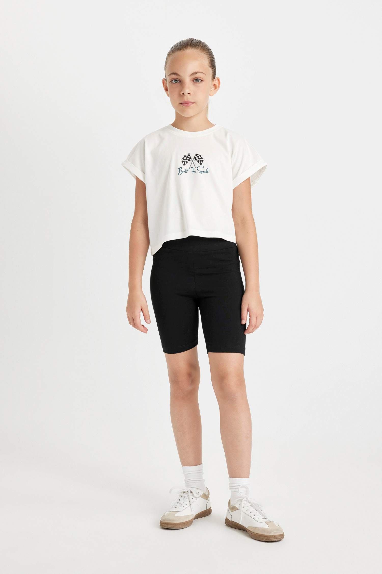 Kız Çocuk 2'li Takım Bisiklet Yaka Baskılı Kısa Kollu Tişört Biker Tayt