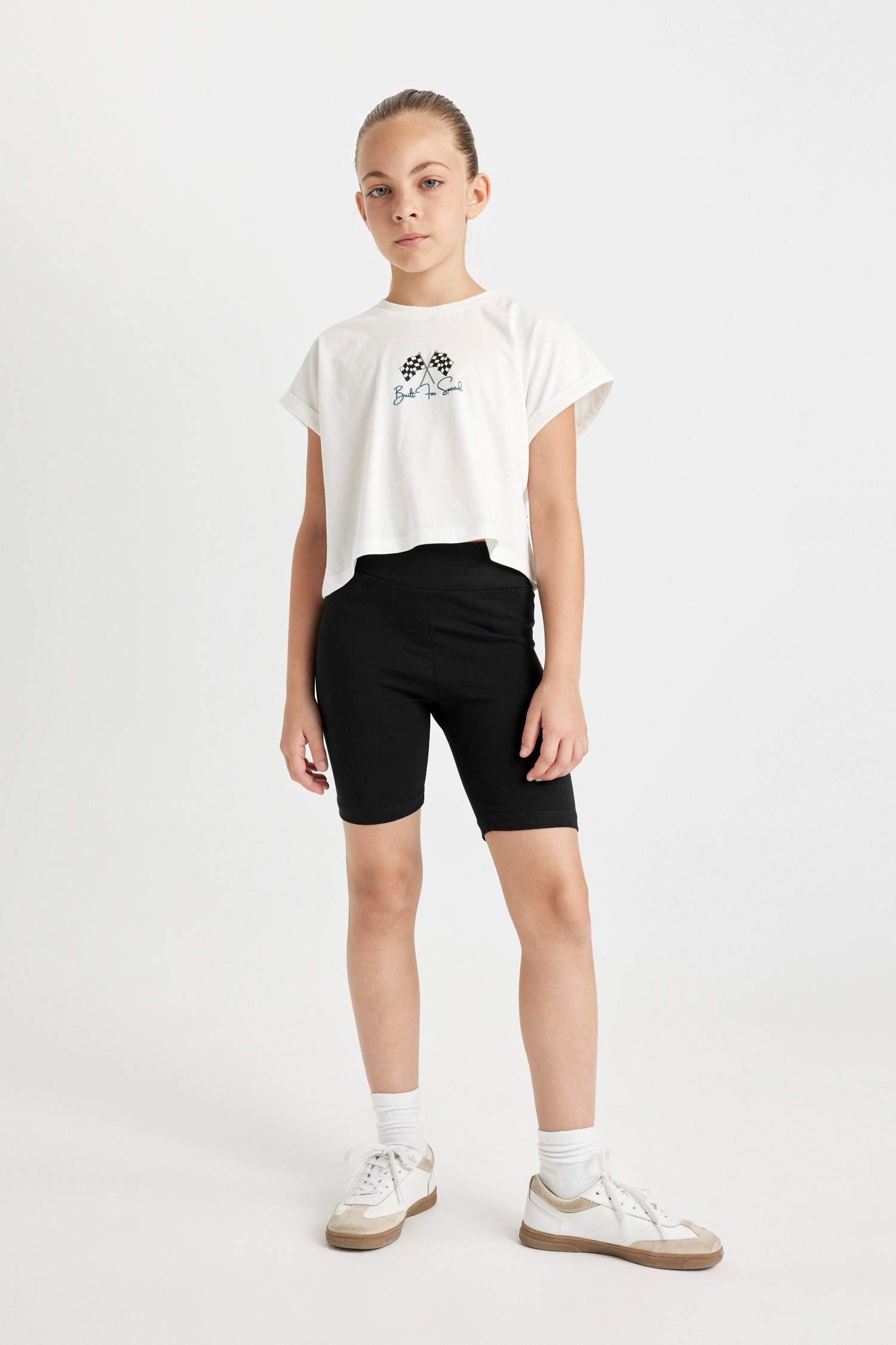 Kız Çocuk 2'li Takım Bisiklet Yaka Baskılı Kısa Kollu Tişört Biker Tayt