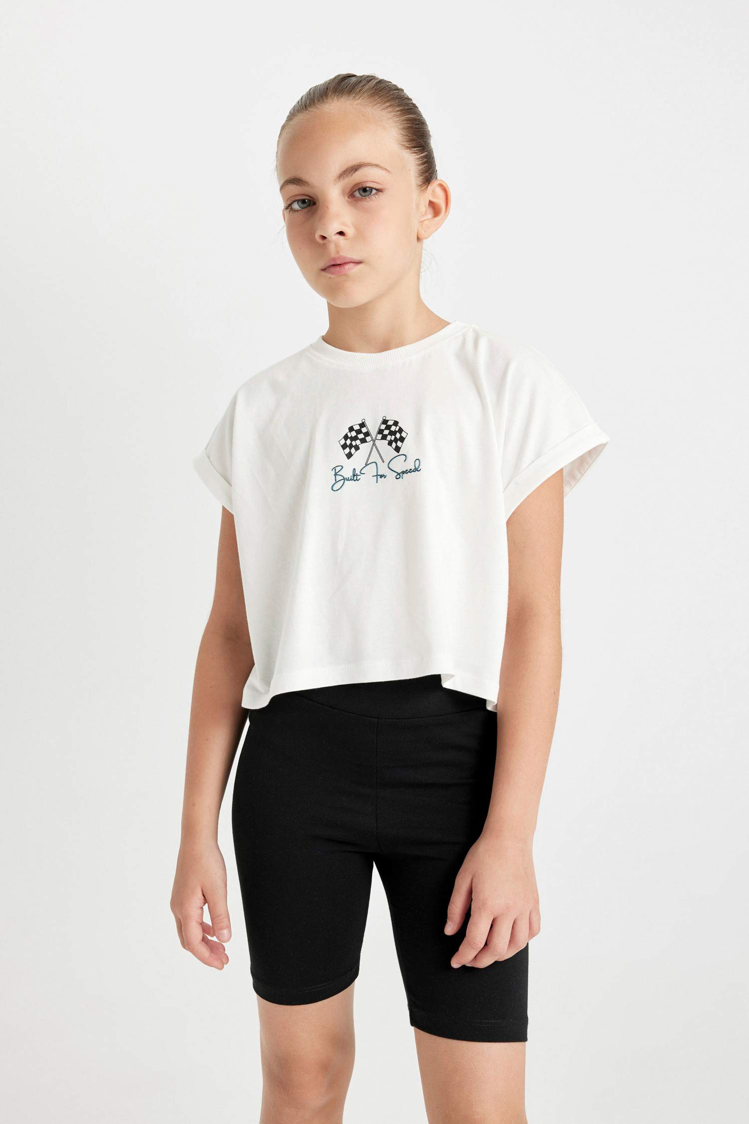 Kız Çocuk 2'li Takım Bisiklet Yaka Baskılı Kısa Kollu Tişört Biker Tayt