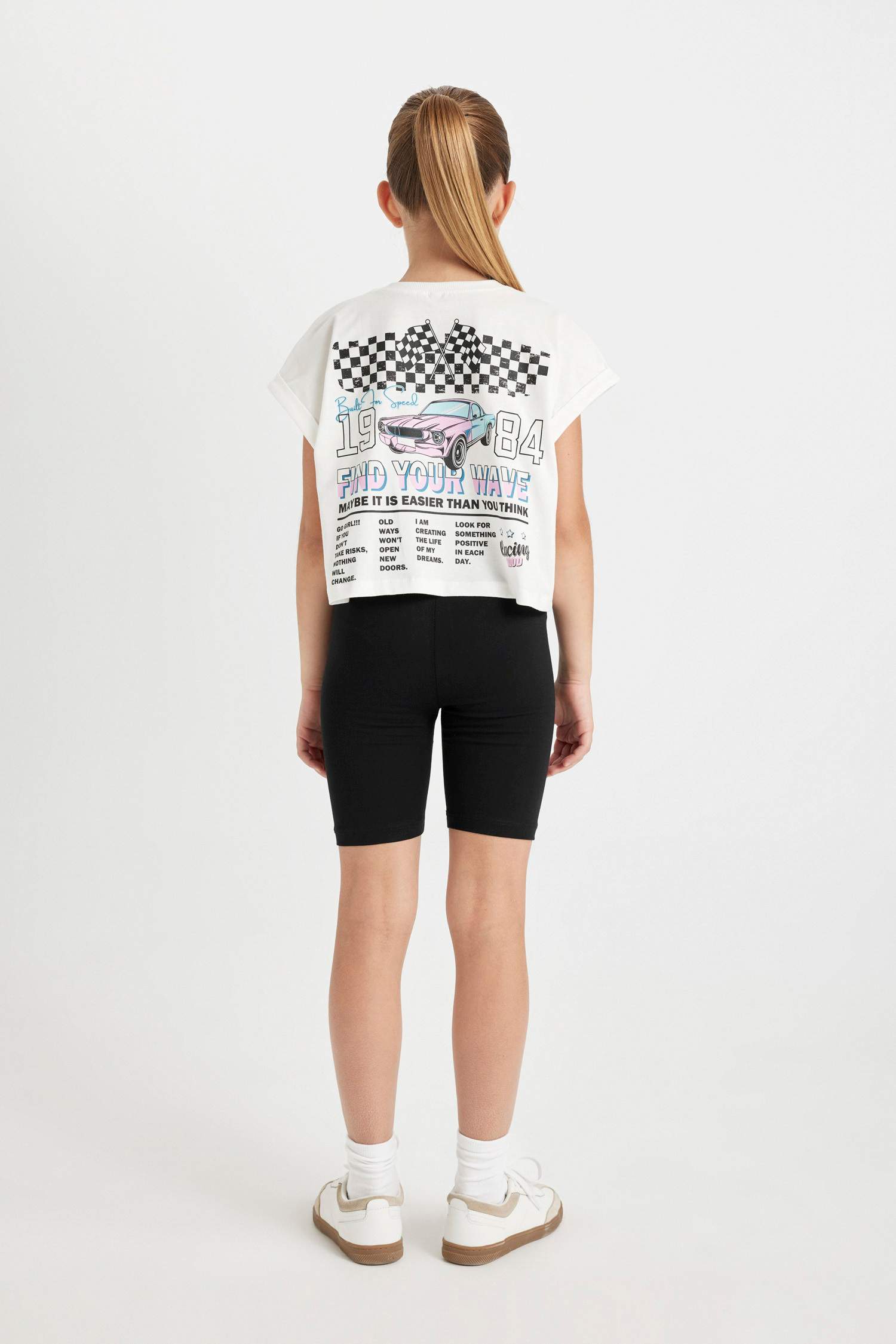 Kız Çocuk 2'li Takım Bisiklet Yaka Baskılı Kısa Kollu Tişört Biker Tayt