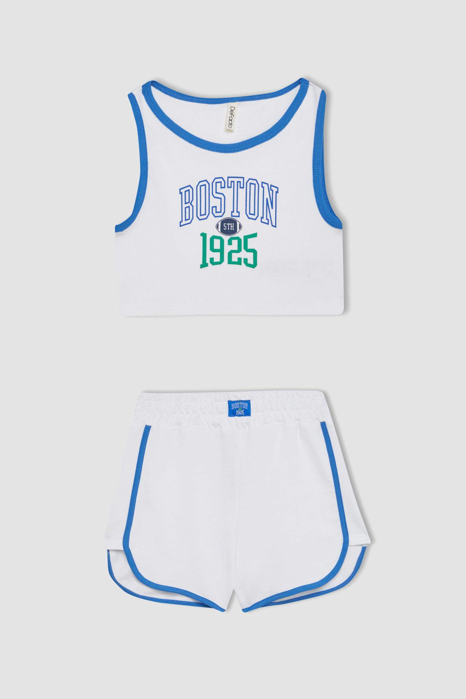 Kız Çocuk 2'li Takım Fitilli Kaşkorse Baskılı Atlet Şort