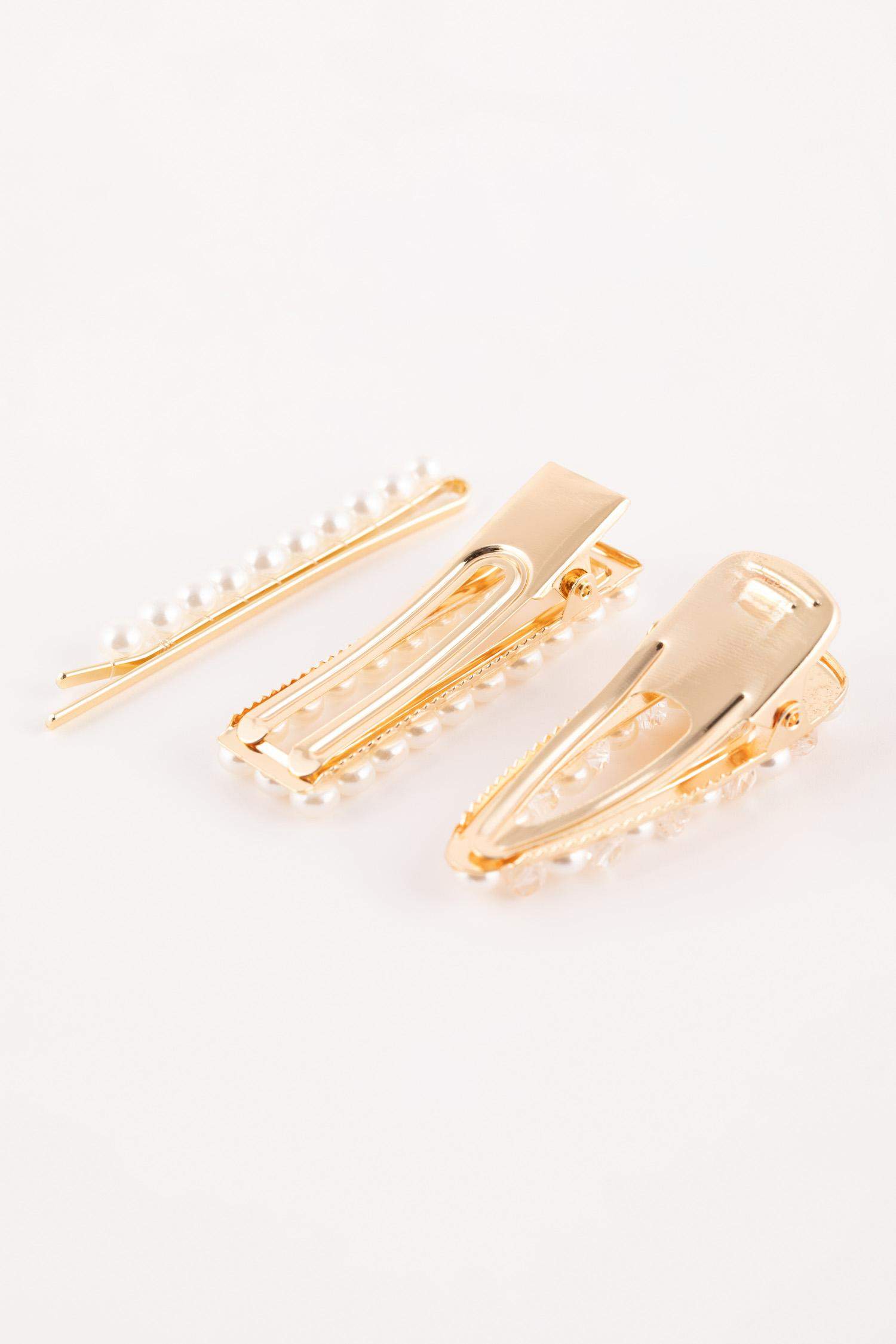 Woman 3 Piece Pearl Detailed Gold Latch Buckle Clips