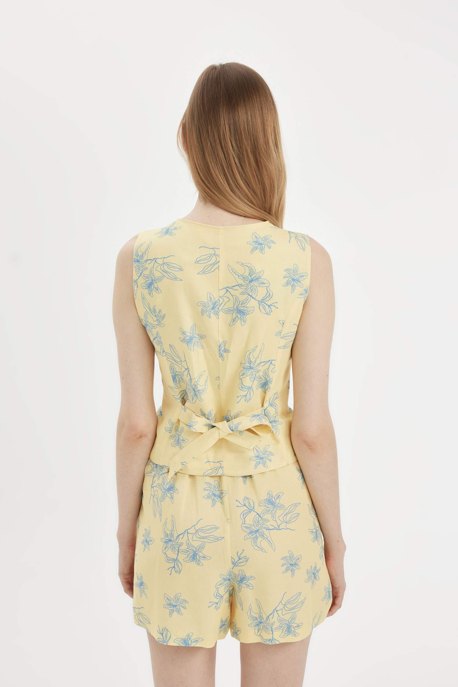 Fitted Desenli Keten Karışımlı Blazer Yelek