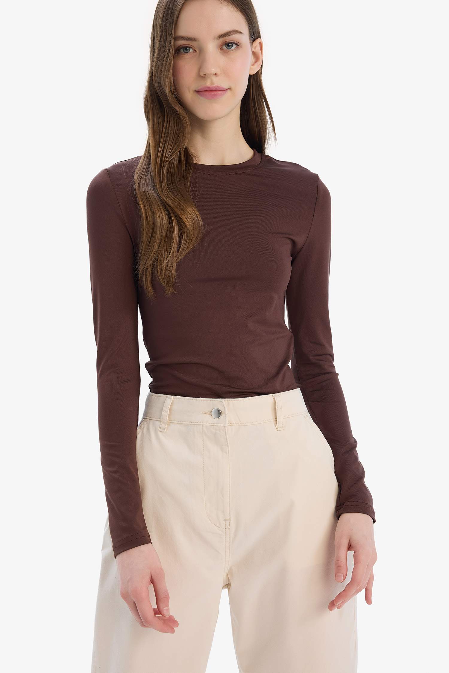 Fitted Bisiklet Yaka Basic Düz Uzun Kollu Tişört