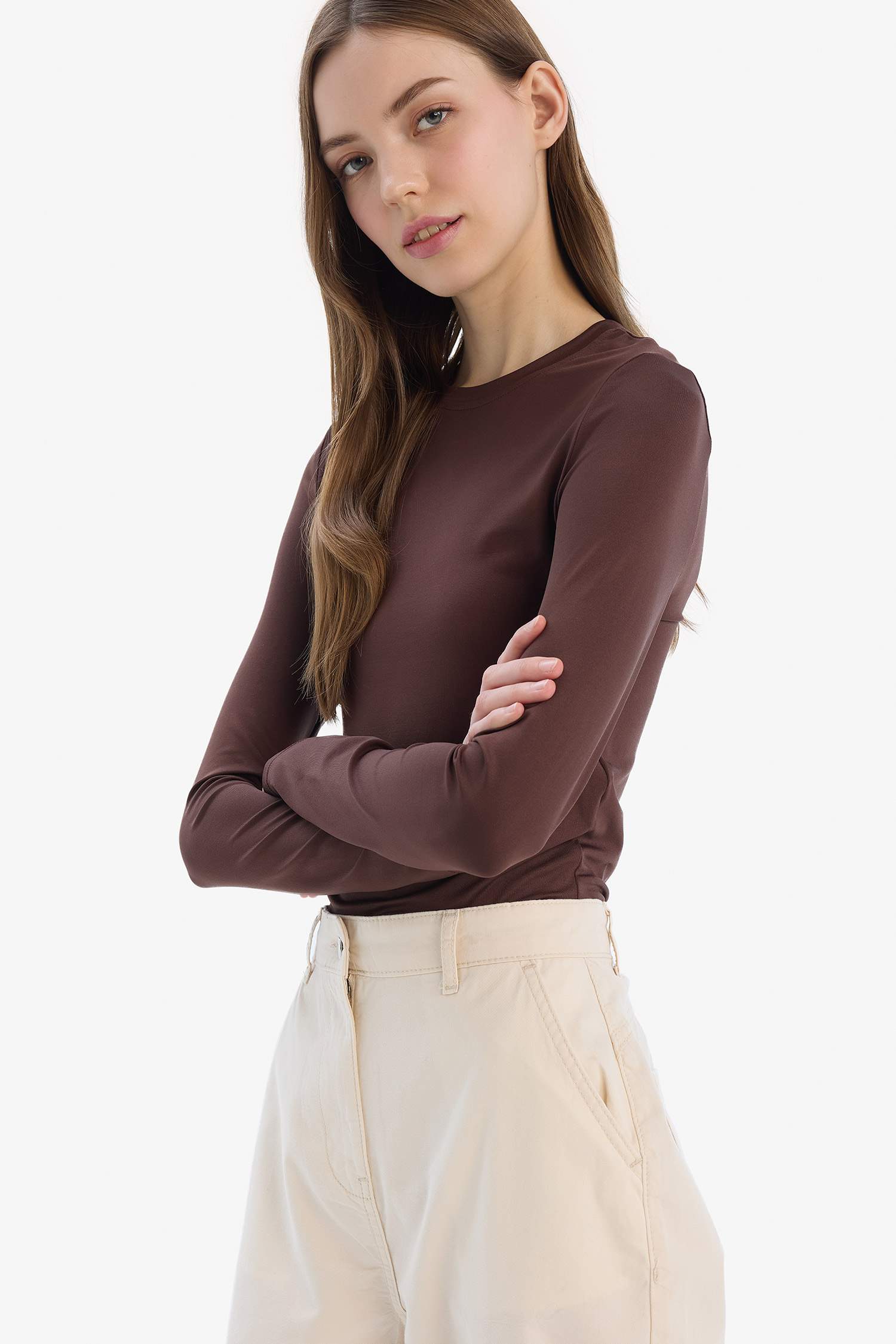 Fitted Bisiklet Yaka Basic Düz Uzun Kollu Tişört