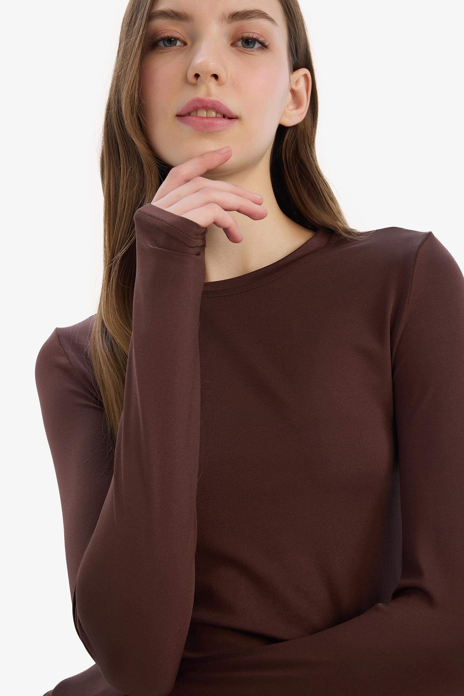 Fitted Bisiklet Yaka Basic Düz Uzun Kollu Tişört