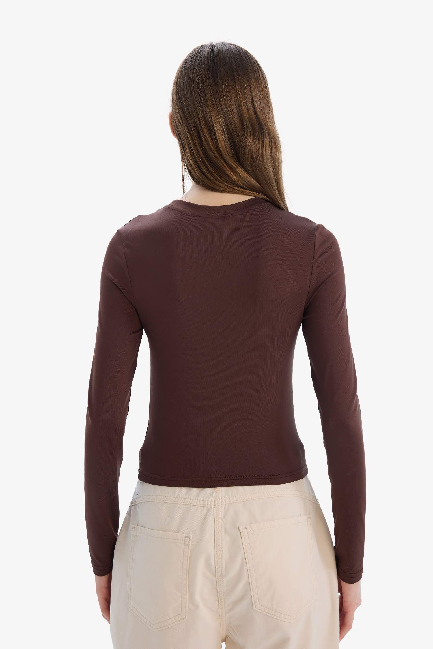 Fitted Bisiklet Yaka Basic Düz Uzun Kollu Tişört