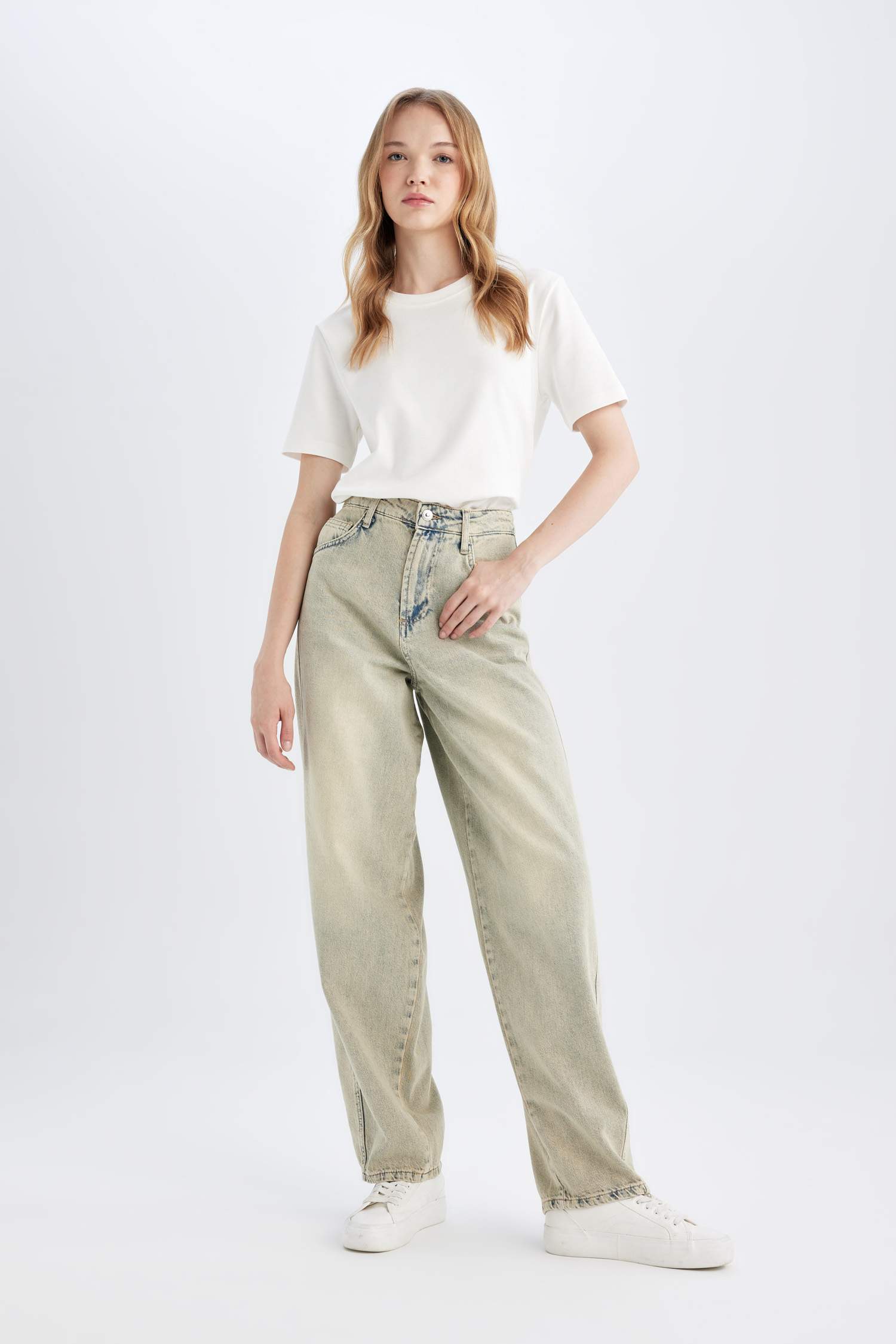 Baggy Fit Yüksek Bel Uzun Jean Yıkamalı Pantolon