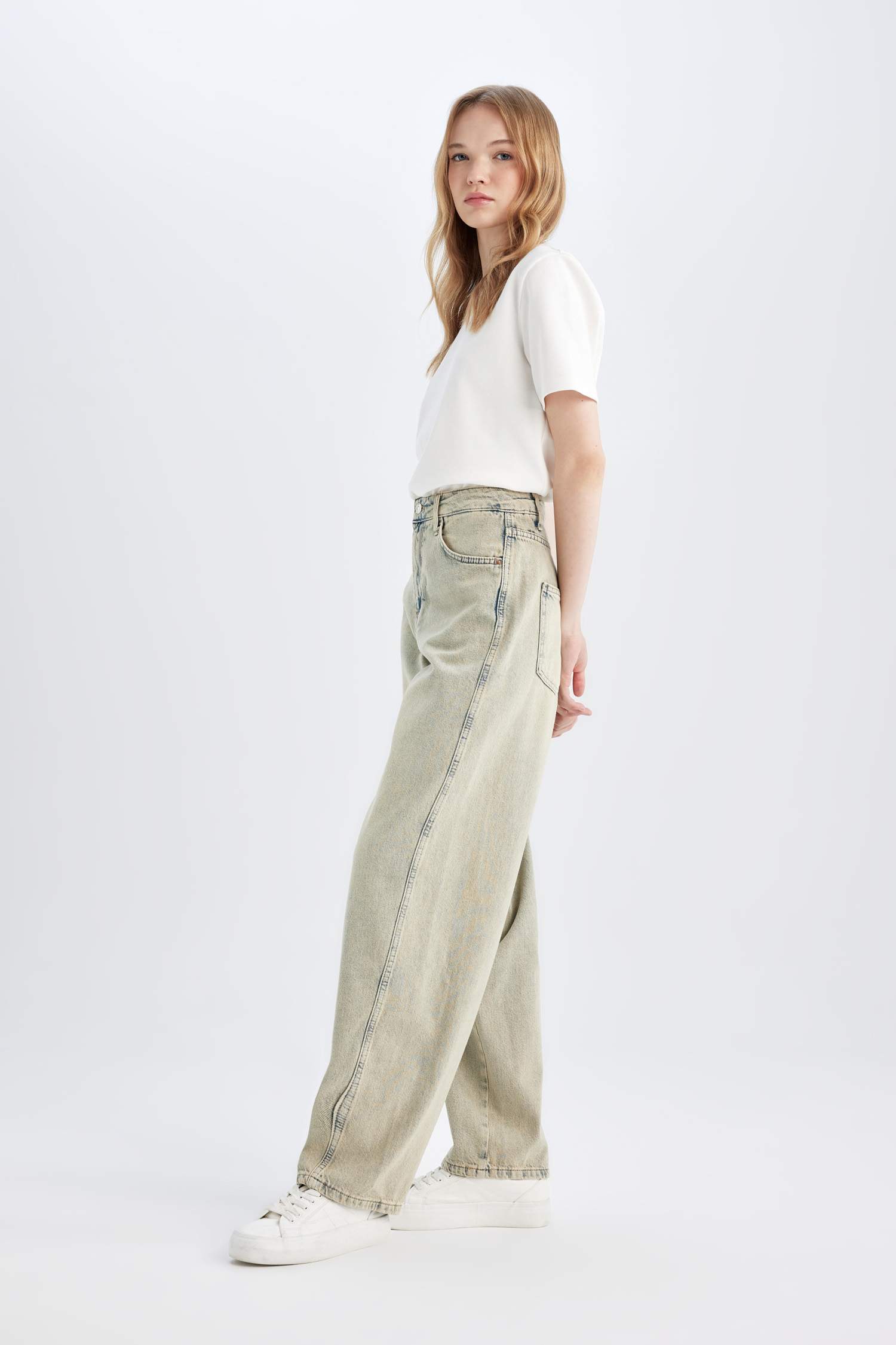 Baggy Fit Yüksek Bel Uzun Jean Yıkamalı Pantolon