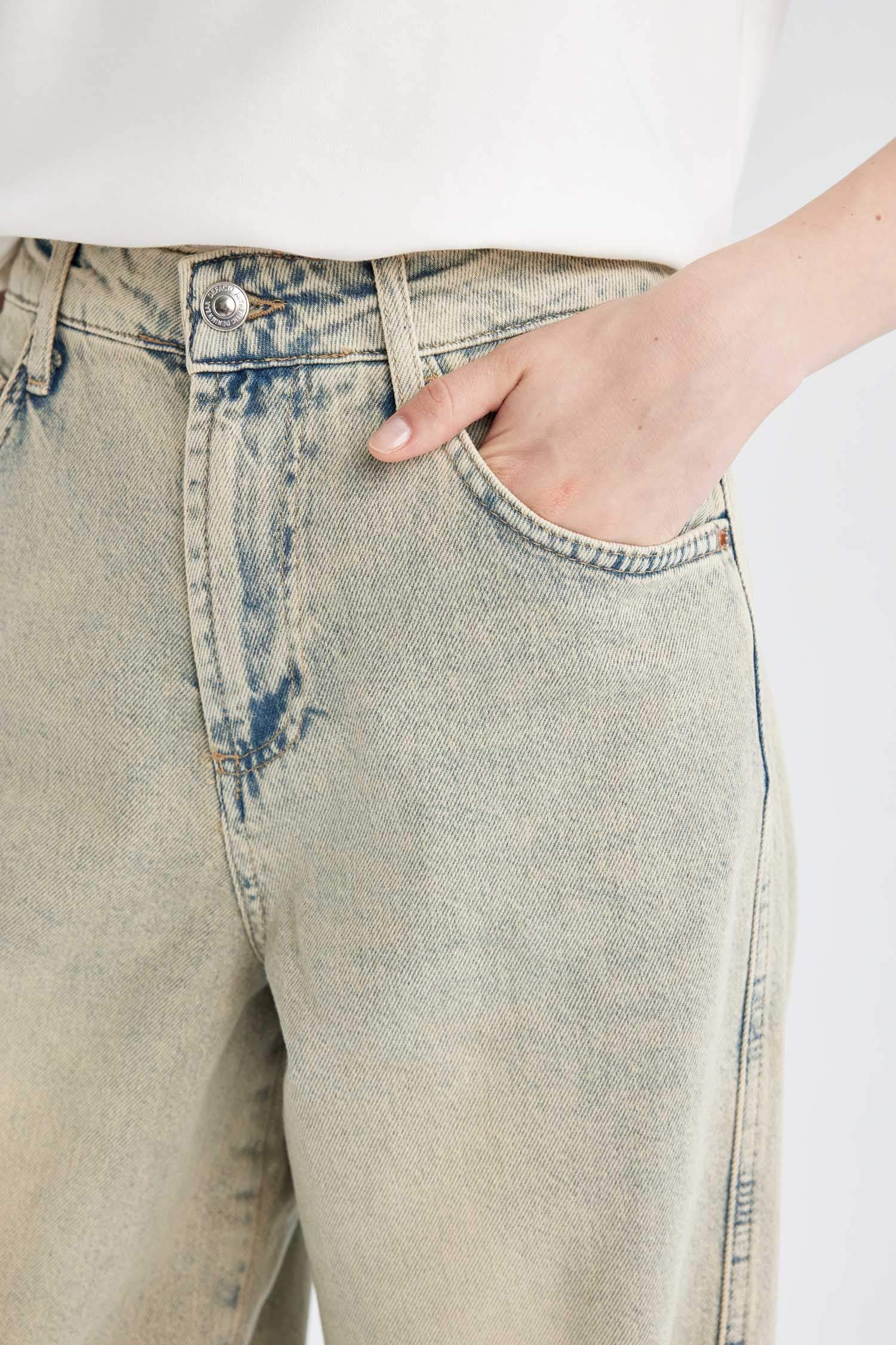 Baggy Fit Yüksek Bel Uzun Jean Yıkamalı Pantolon