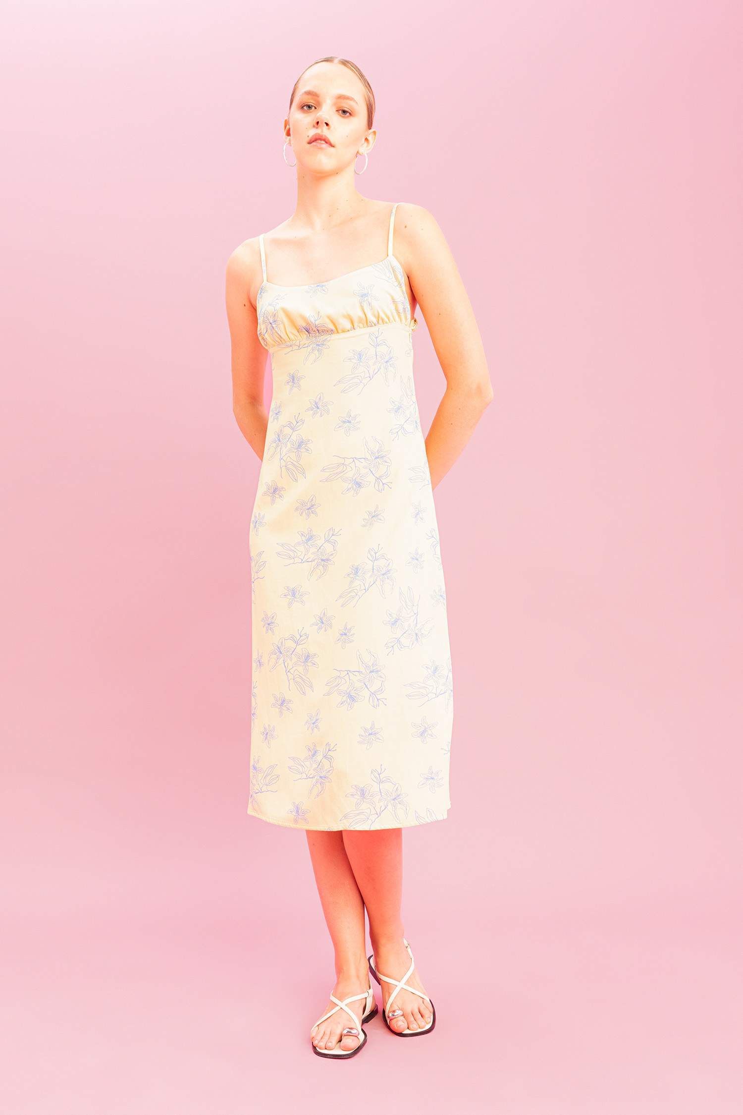 A-Line Floral Linen Strap Midi Dress