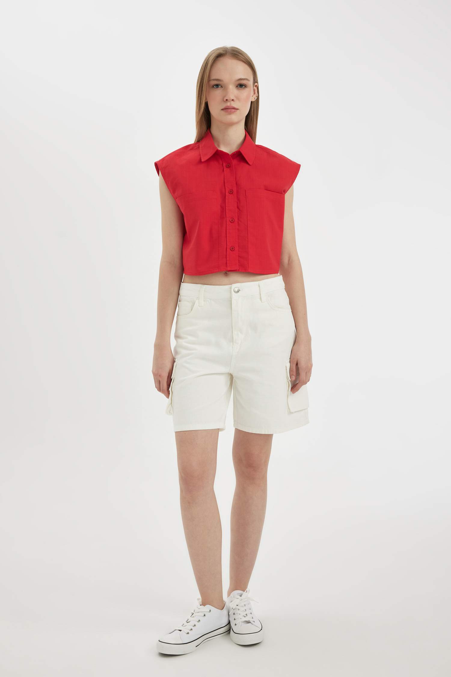 Oversize Fit Flamed Cotton Sleeveless Shirt